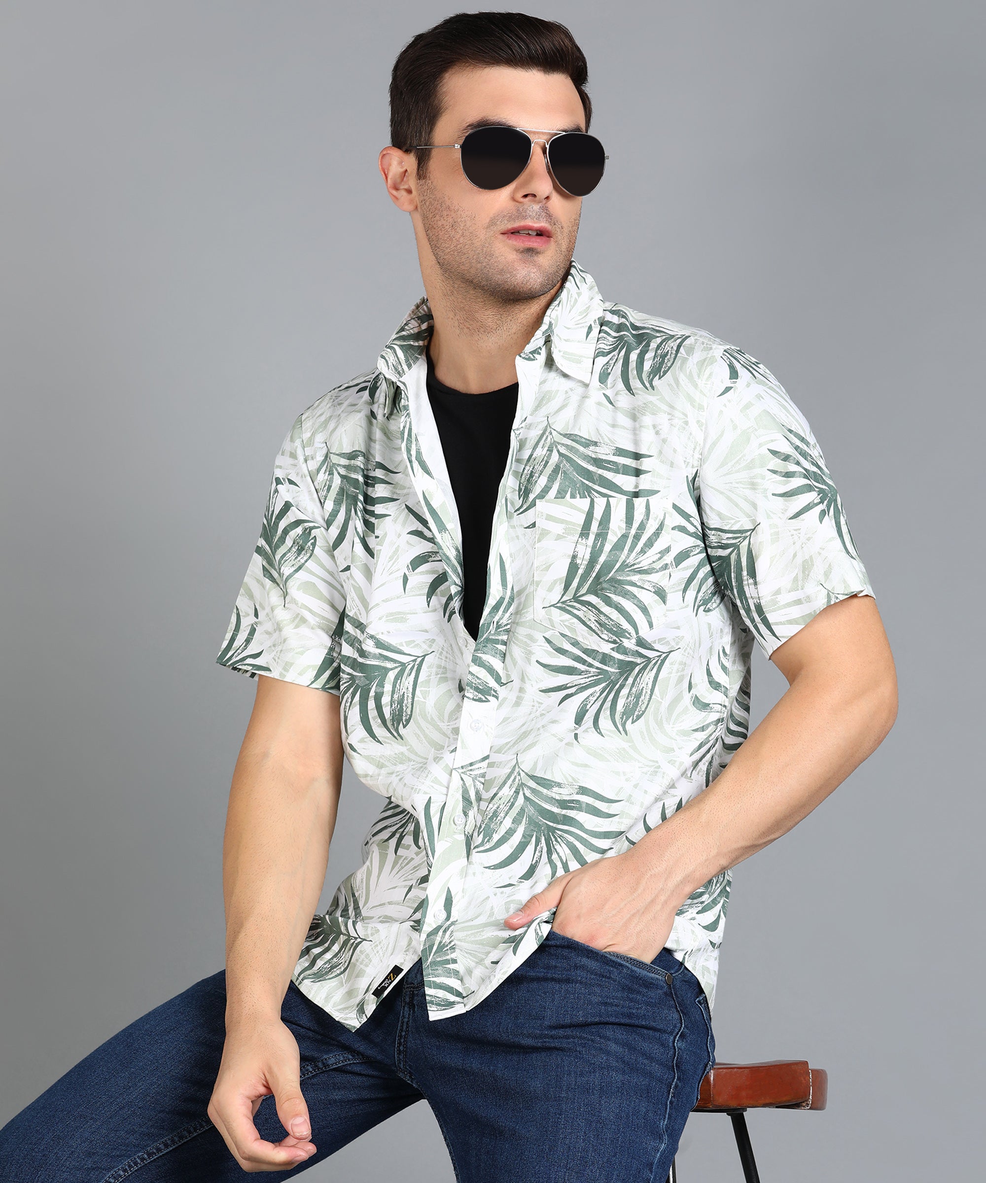 Green Leaf Printed Half Slim Fit Shirt