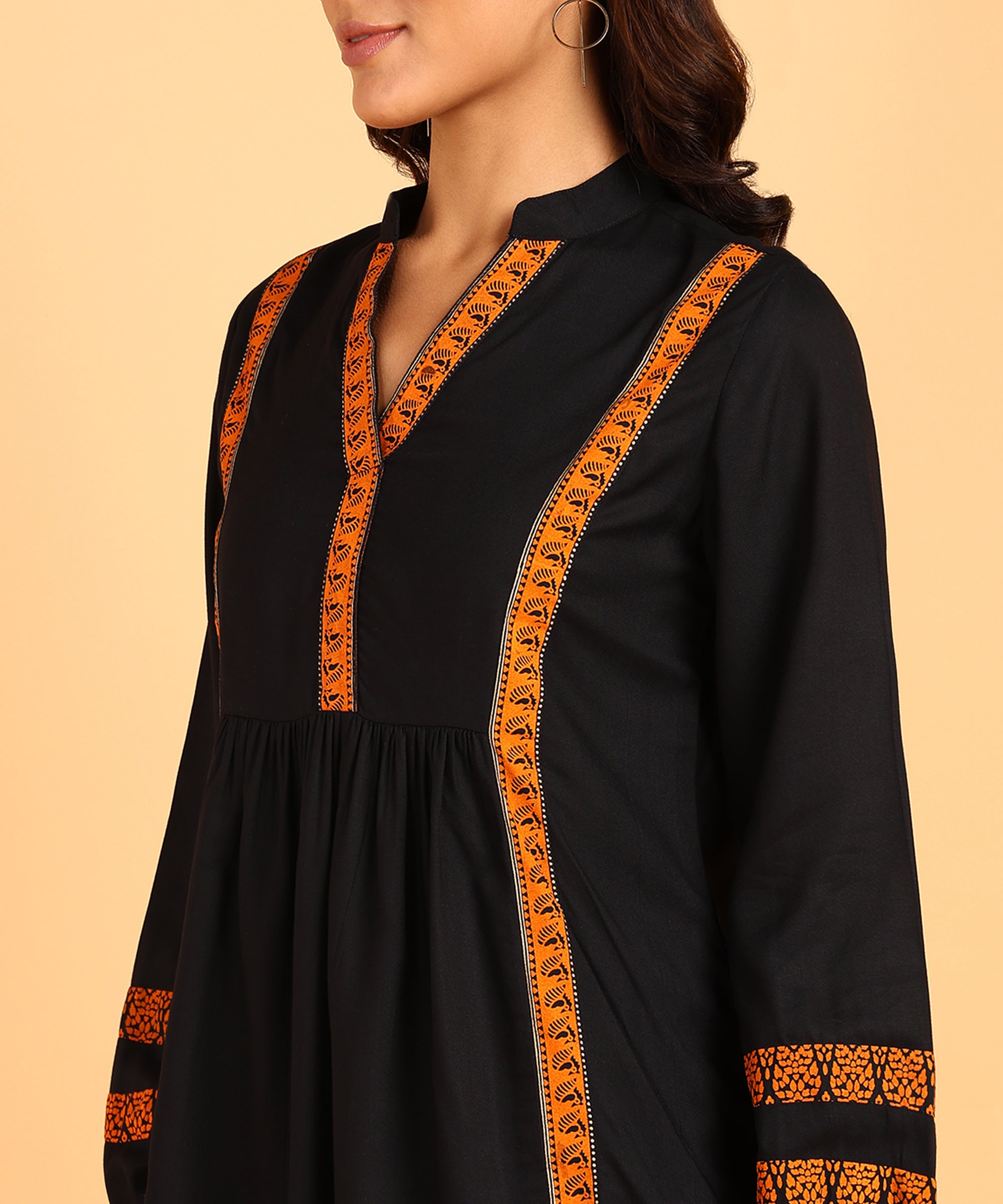 Black Short Kurti With Orange Border