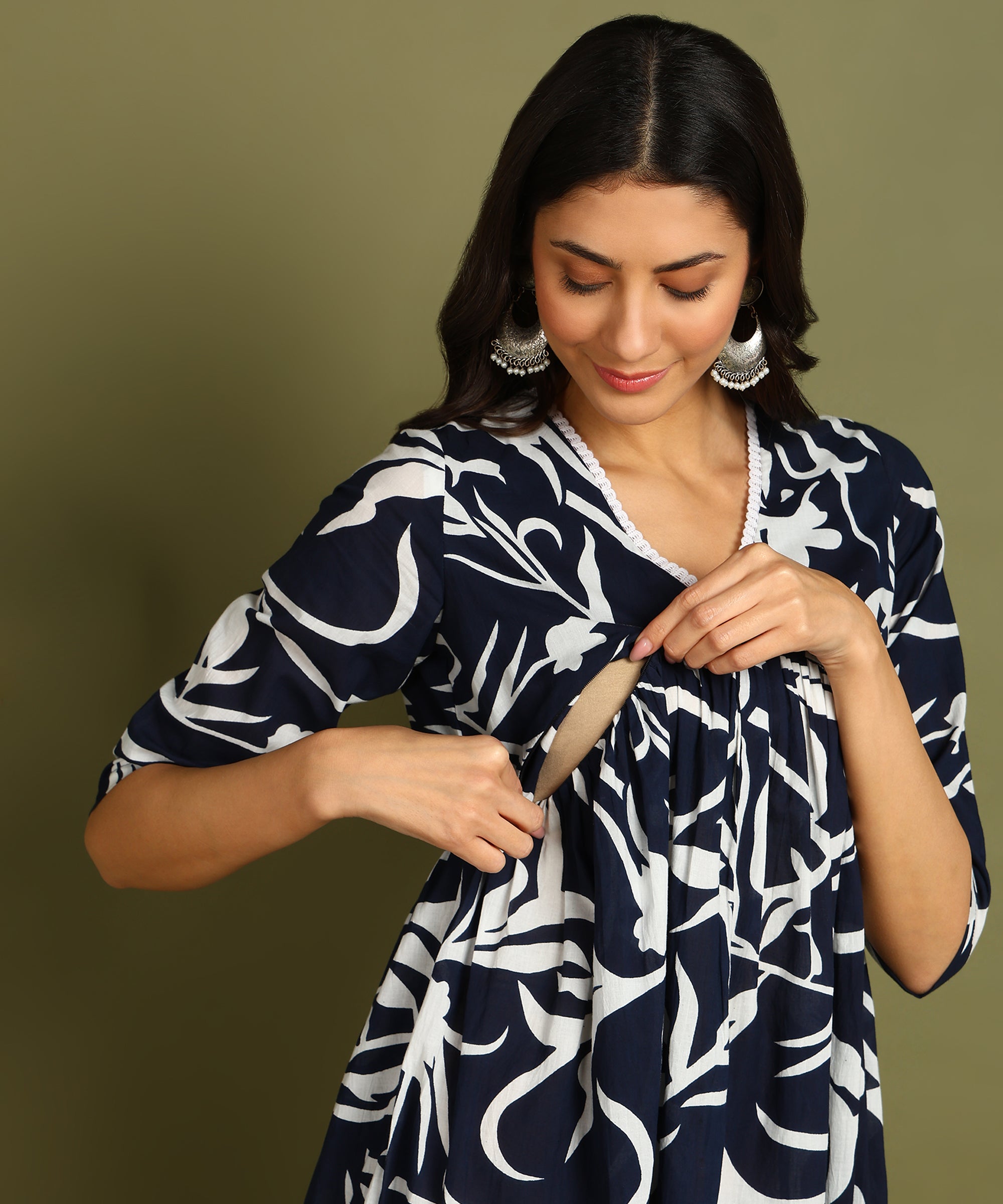 Navy Blue & White Printed Maternity Wear Midi Dress