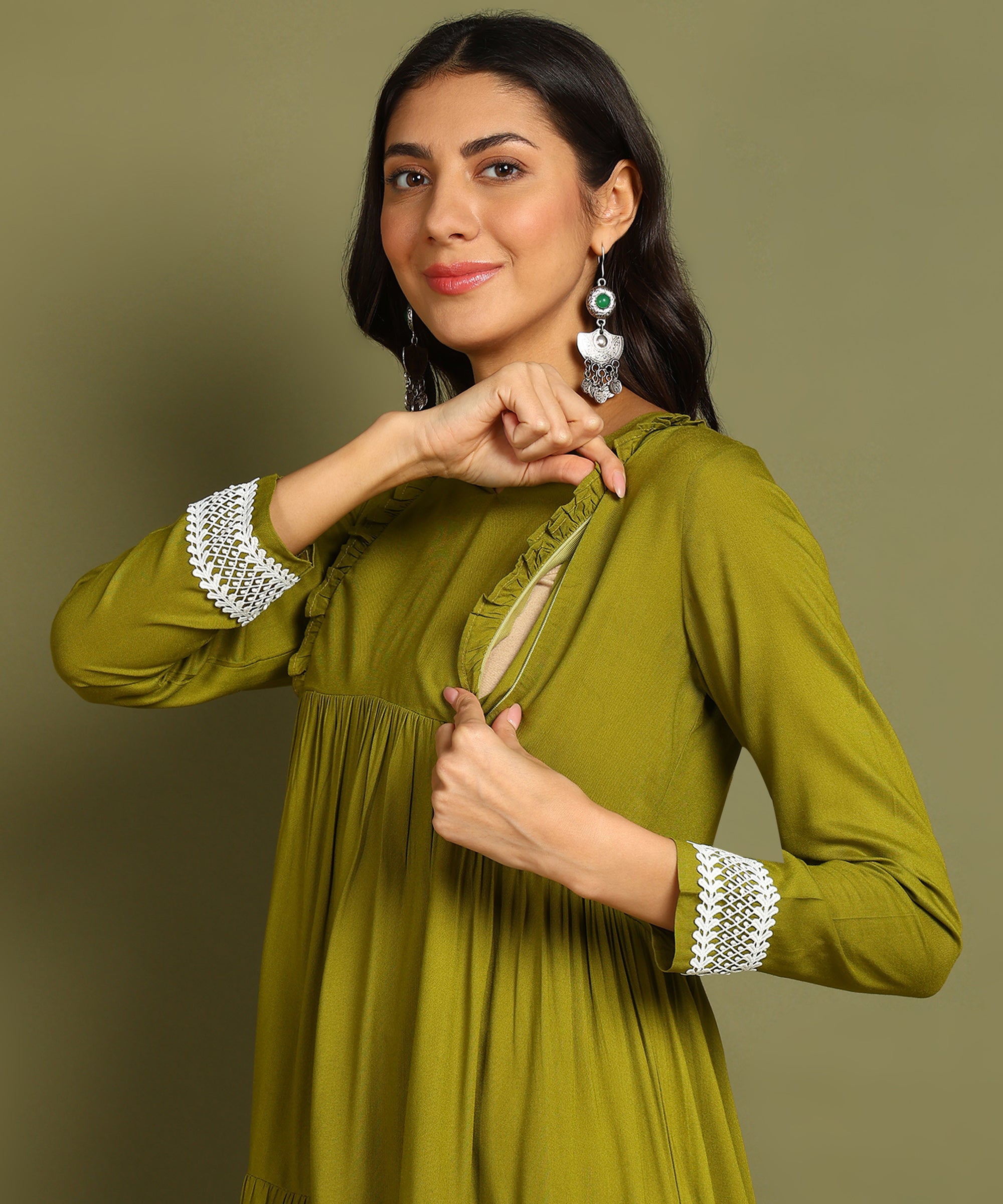 Olive Green Maternity Wear Midi Dress