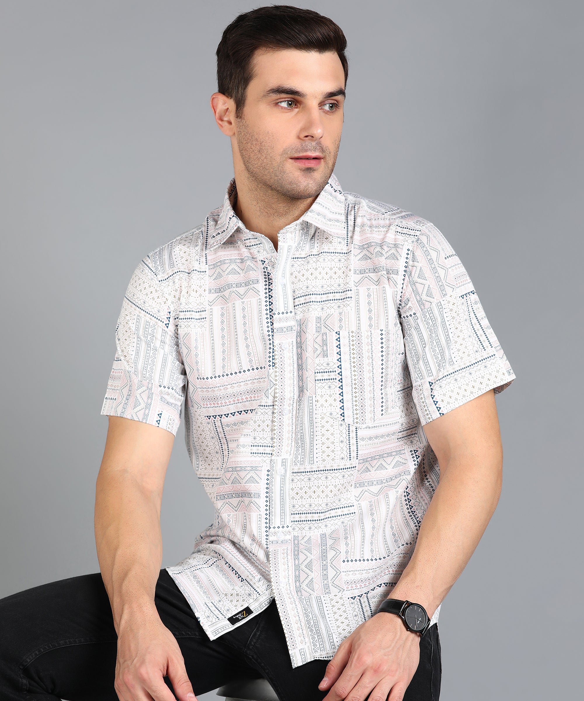 Off White Geomatric Print Half Slim Fit Shirt