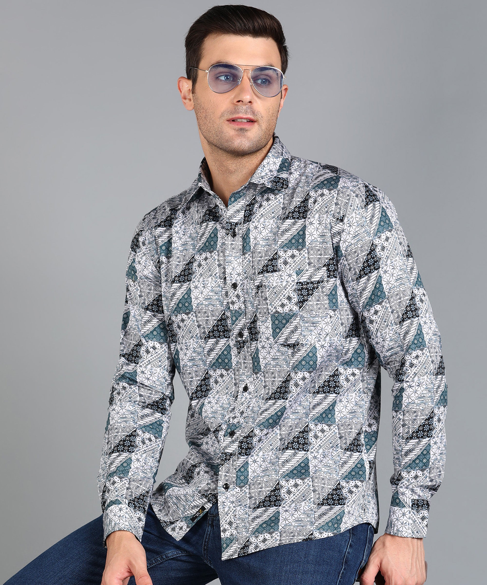 Black & Blue Geomatric Printed Grey Slim Fit Shirt