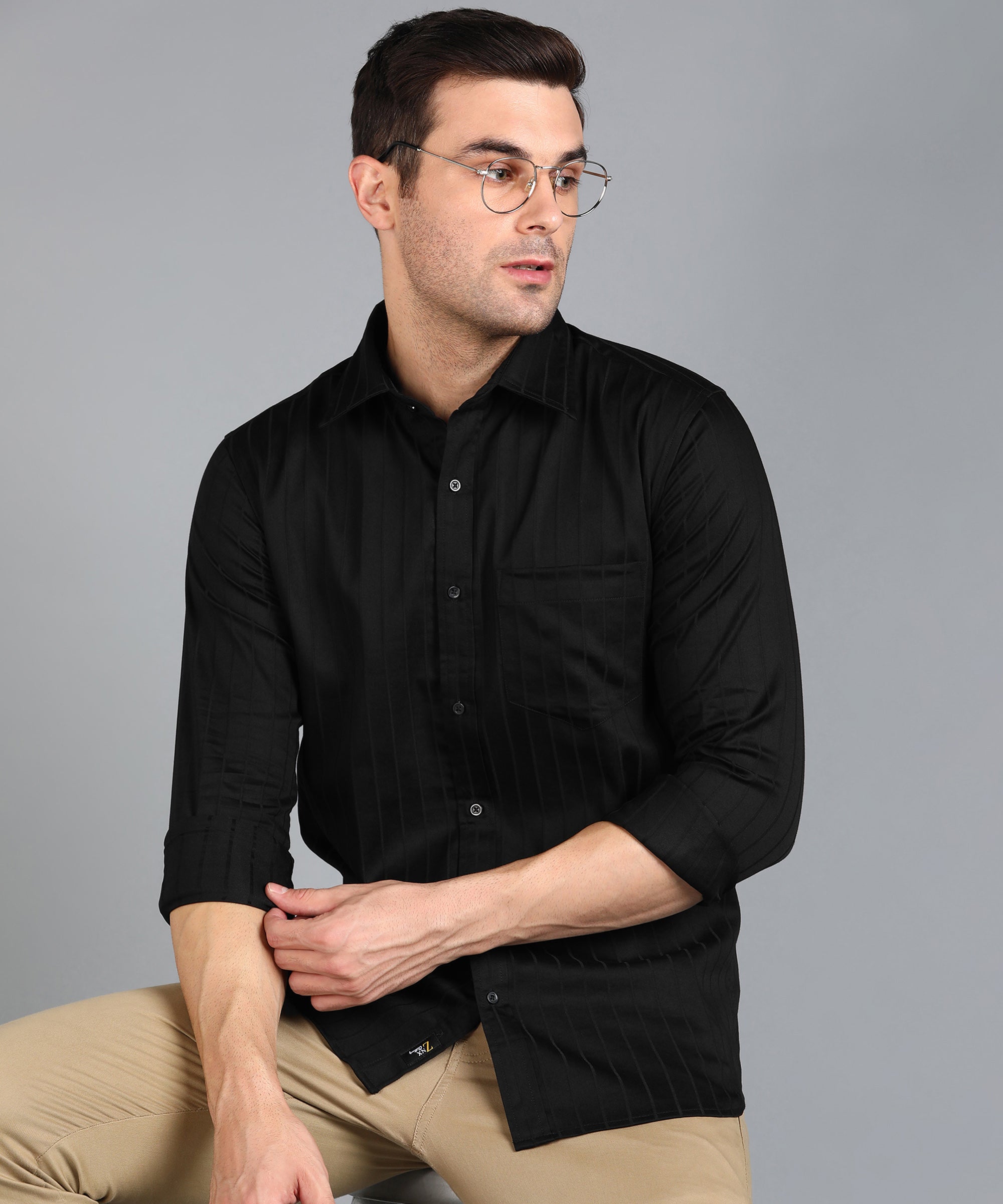 Self Striped Black Slim Fit Shirt