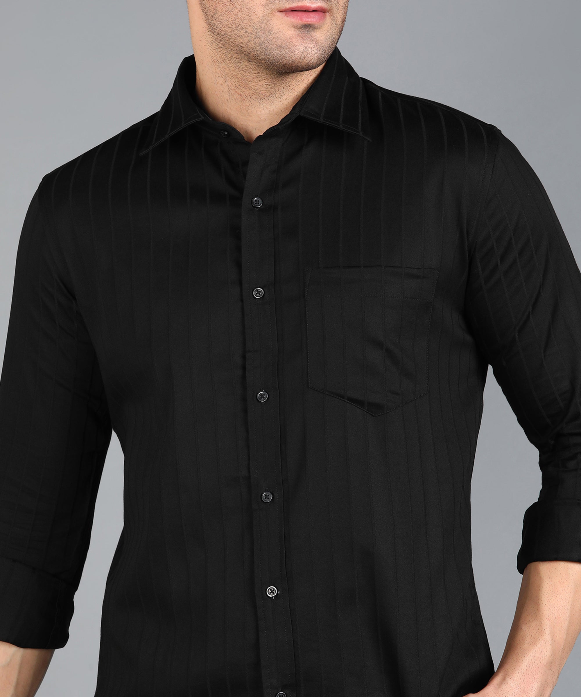 Self Striped Black Slim Fit Shirt