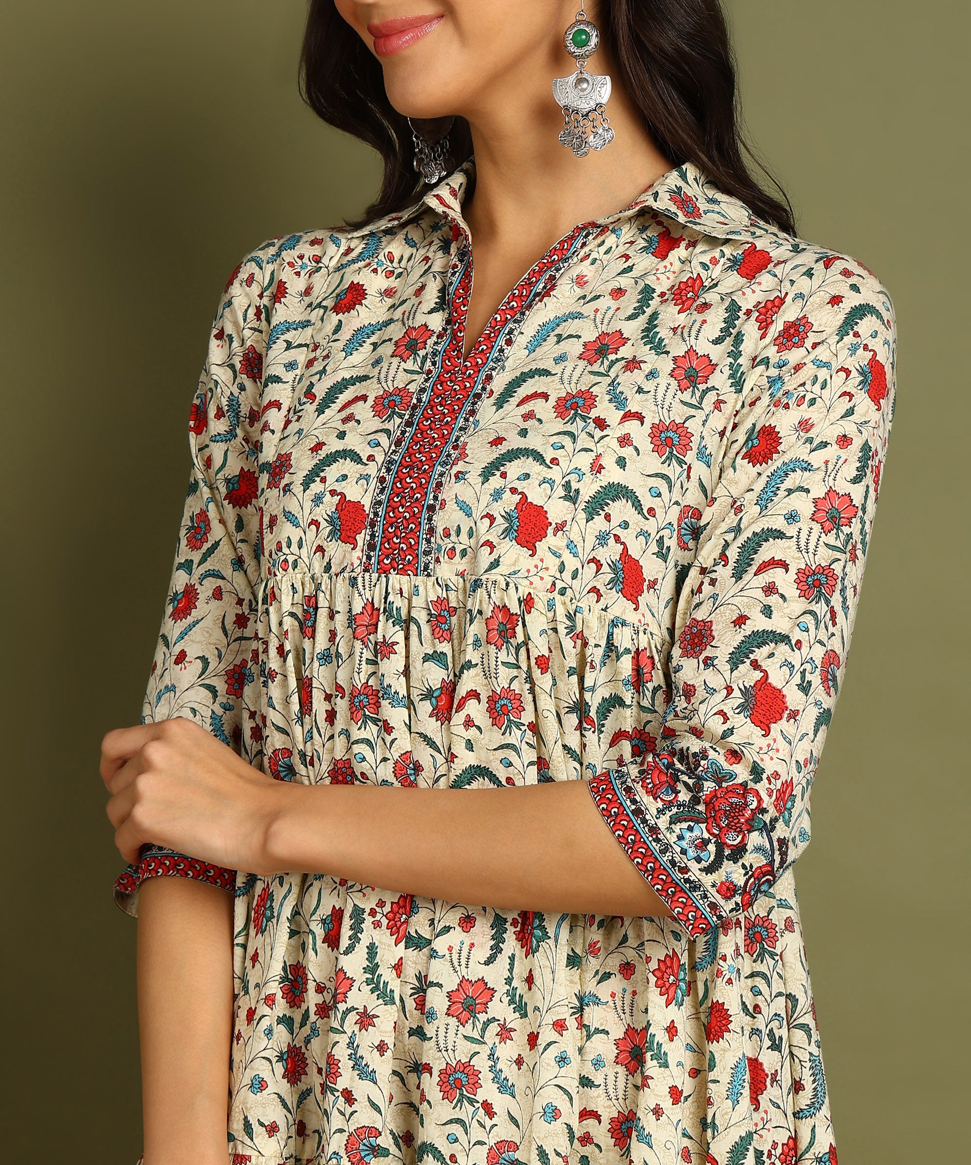 Cream Floral Print Maternity Wear Shirt Style Midi Dress