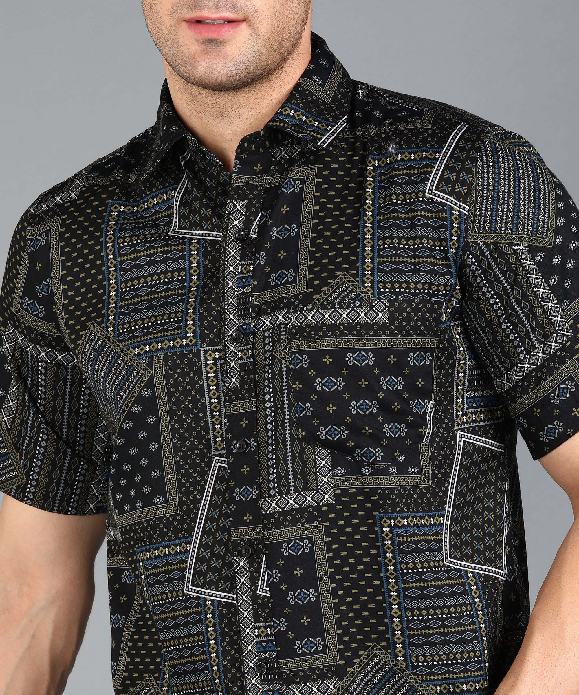 Black Indian Prints Half Slim Fit Shirt