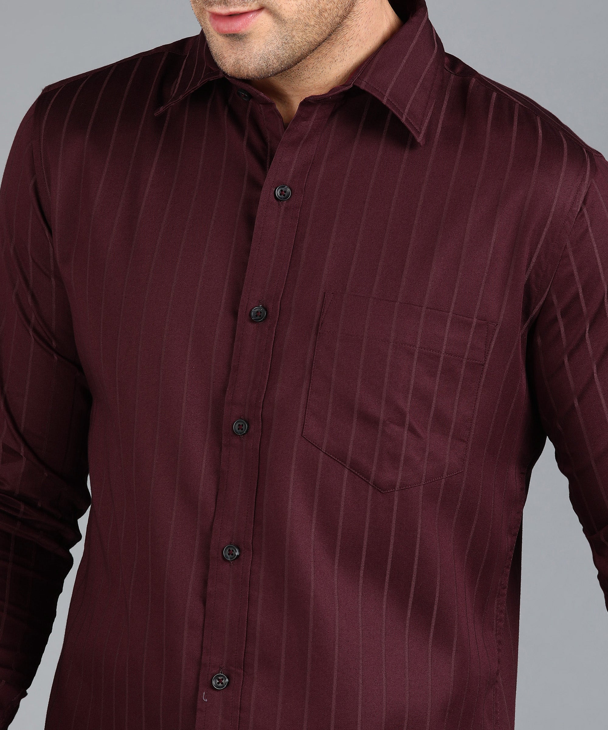 Self Striped Maroon Slim Fit Shirt