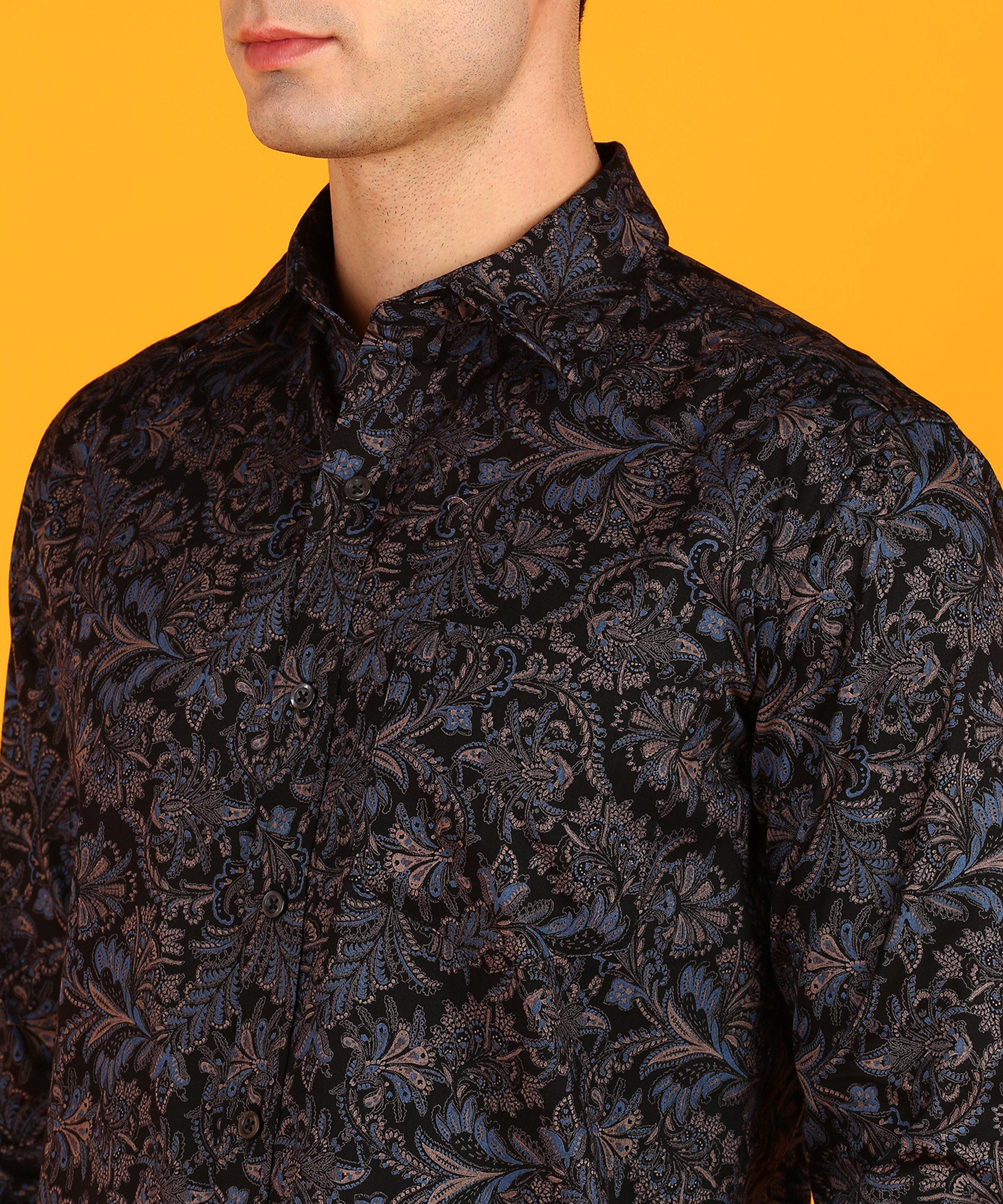 Men Blue & Pink Leaf Motif Black Shirt