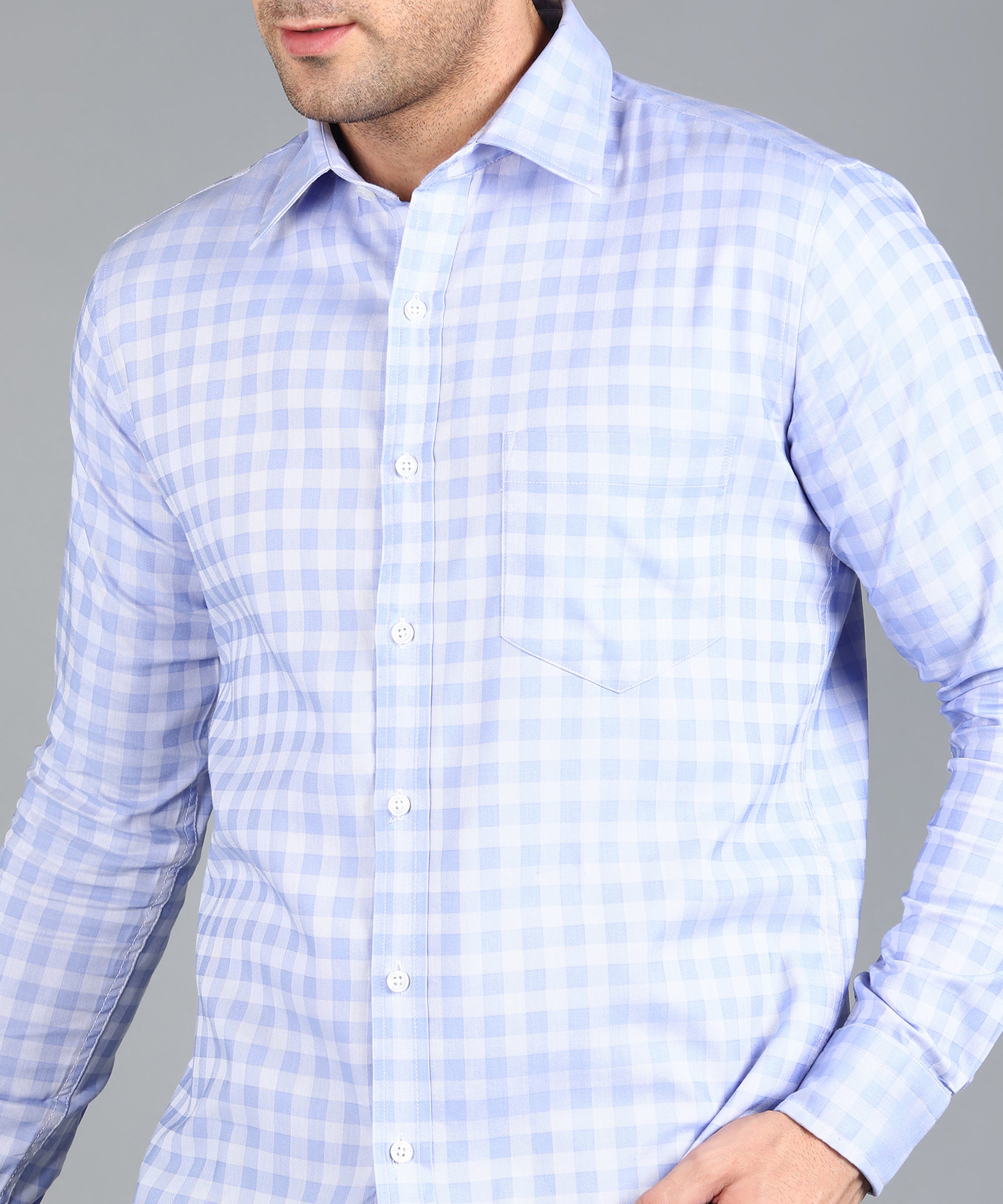 Sky Blue & White Checked Slim Fit Shirt