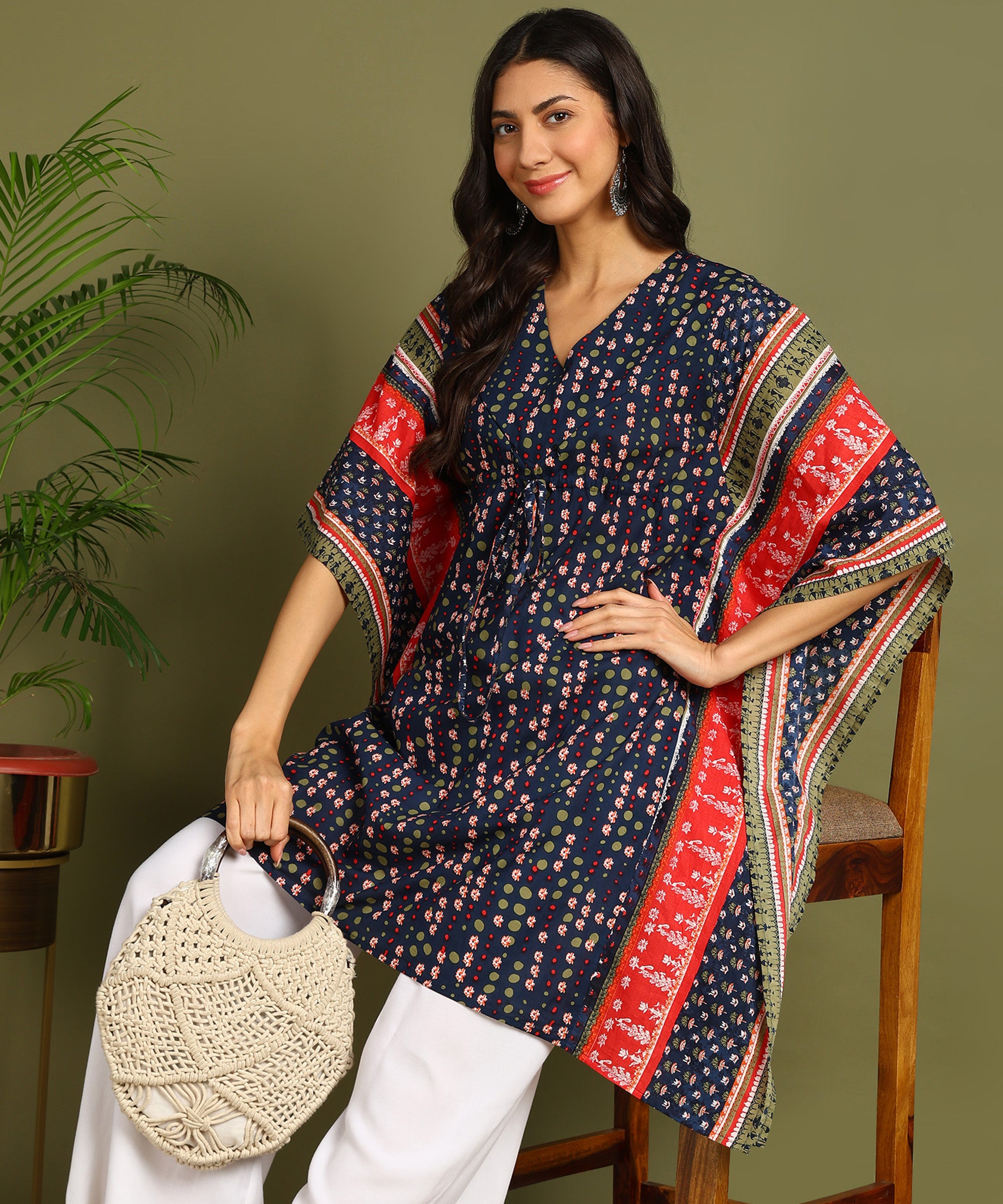 Navy Blue & Red Printed Maternity Wear Kaftan