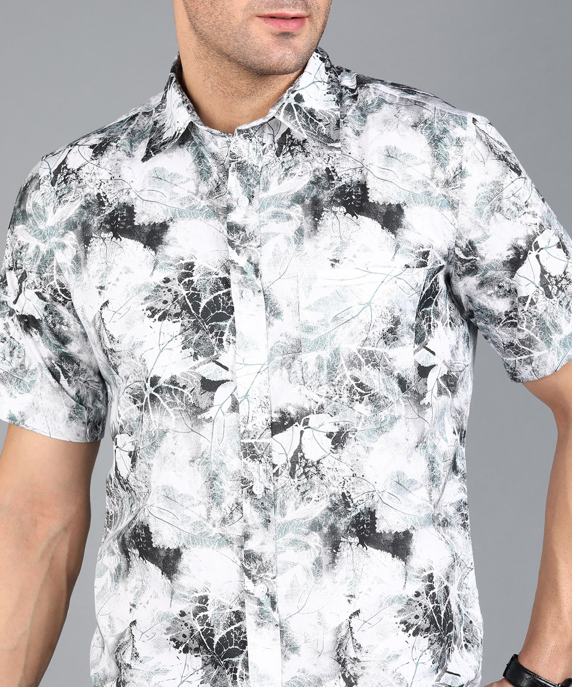 Black & Green Leaf Printed half Slim Fit Shirt