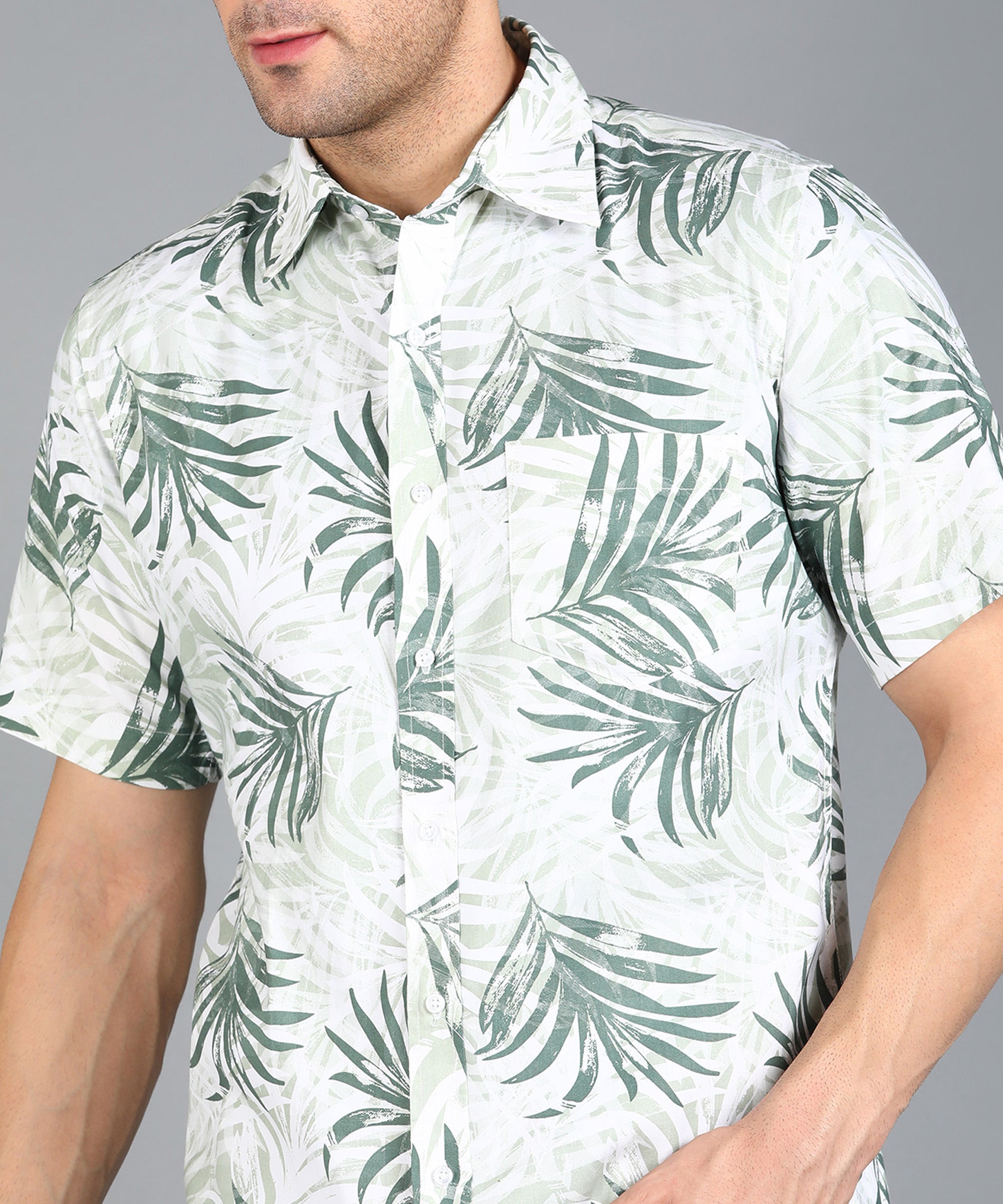 Green Leaf Printed Half Slim Fit Shirt
