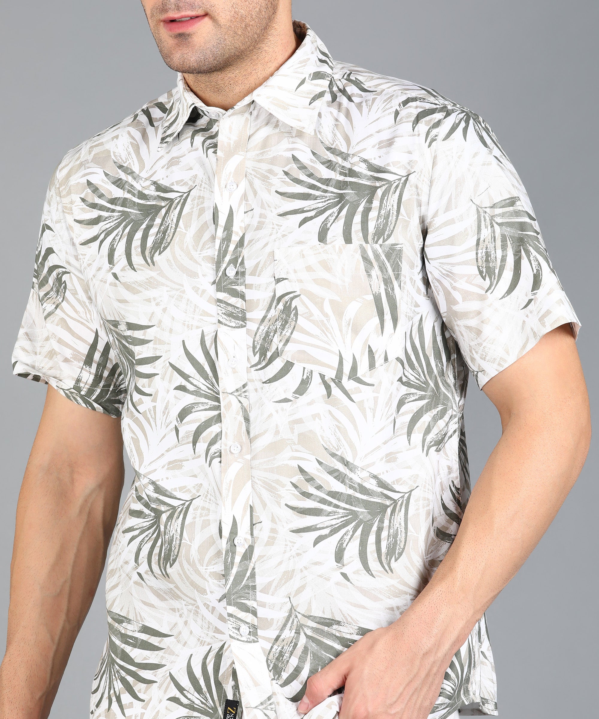 Leaf Printed Off White Half Slim Fit Shirt