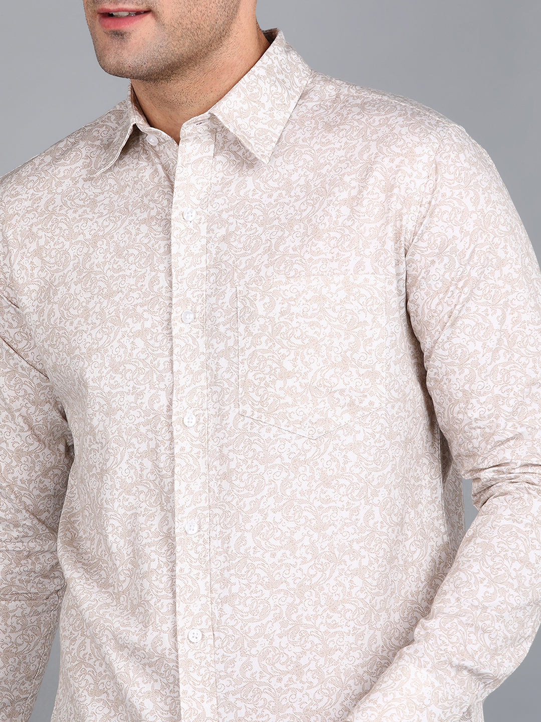 Beige Floral Printed Slim Fit Shirt