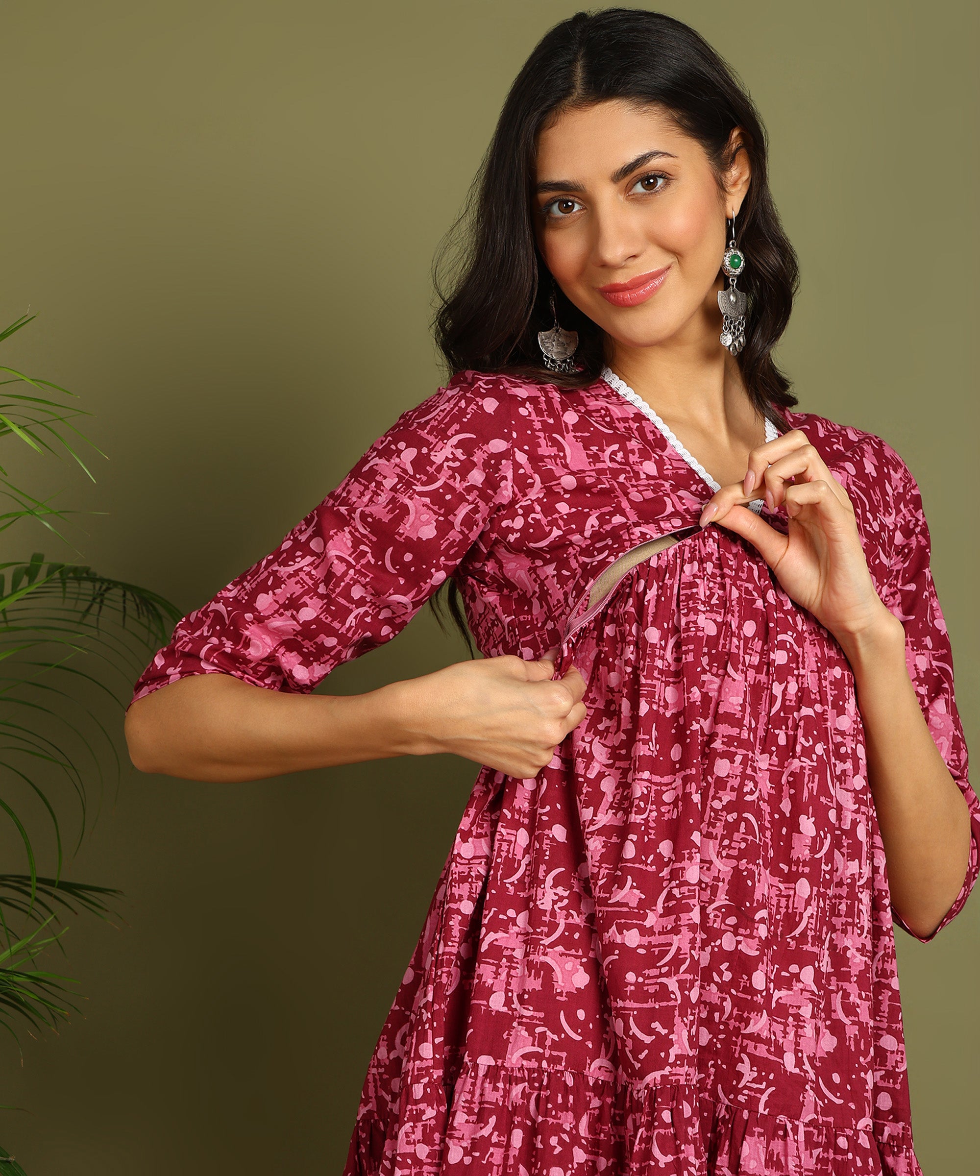 Magenta & Pink Printed Maternity Wear Midi Dress