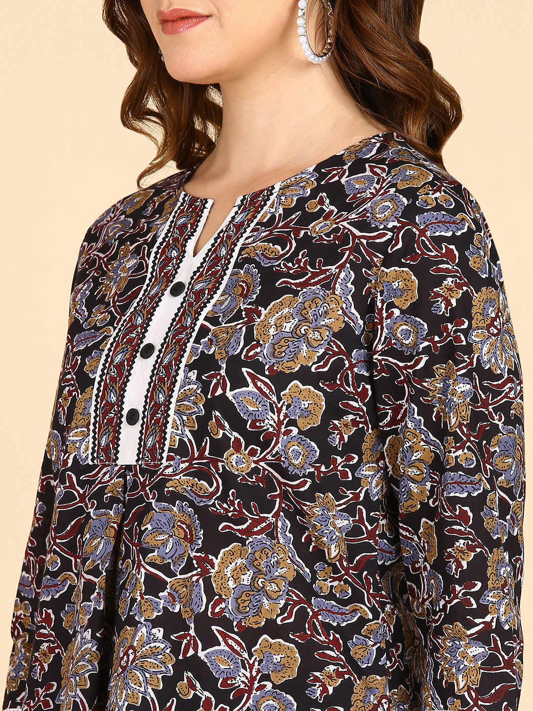 Black Floral Printed Top With Front Border Details