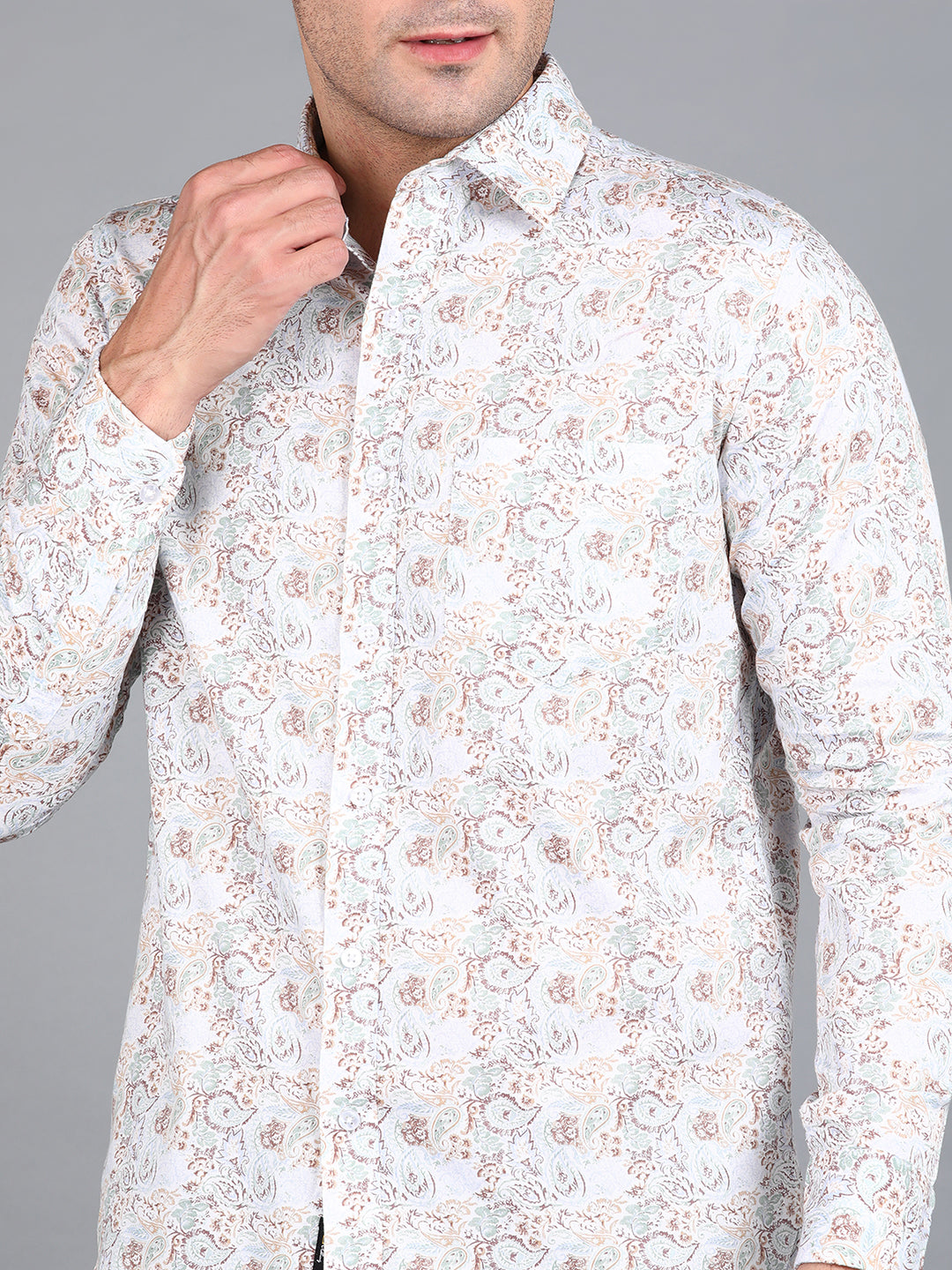 Beige Floral Printed Off White Slim Fit Shirt