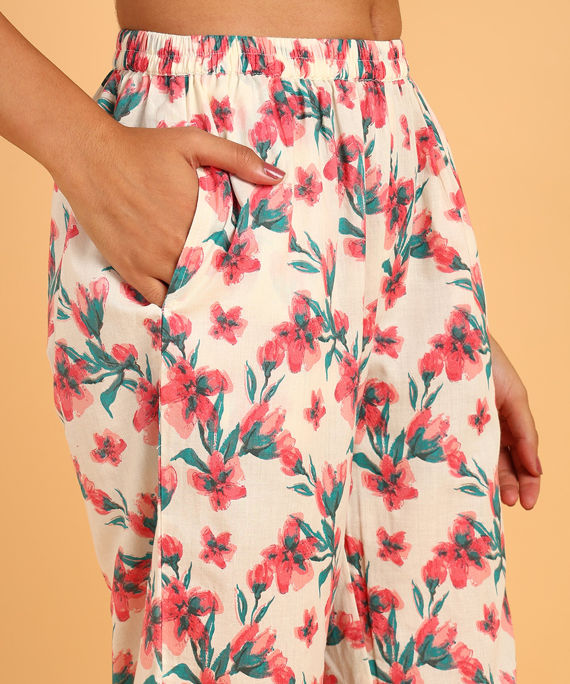 Cream Colored Floral Print Tunic & Pant Set