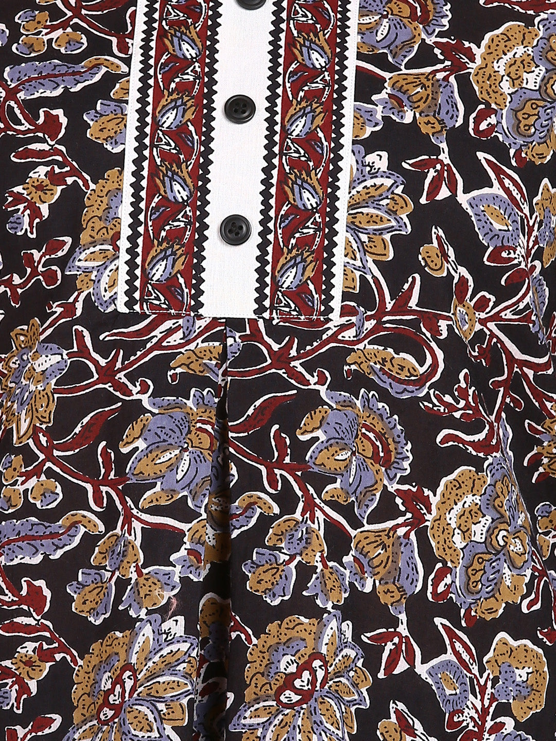 Black Floral Printed Top With Front Border Details