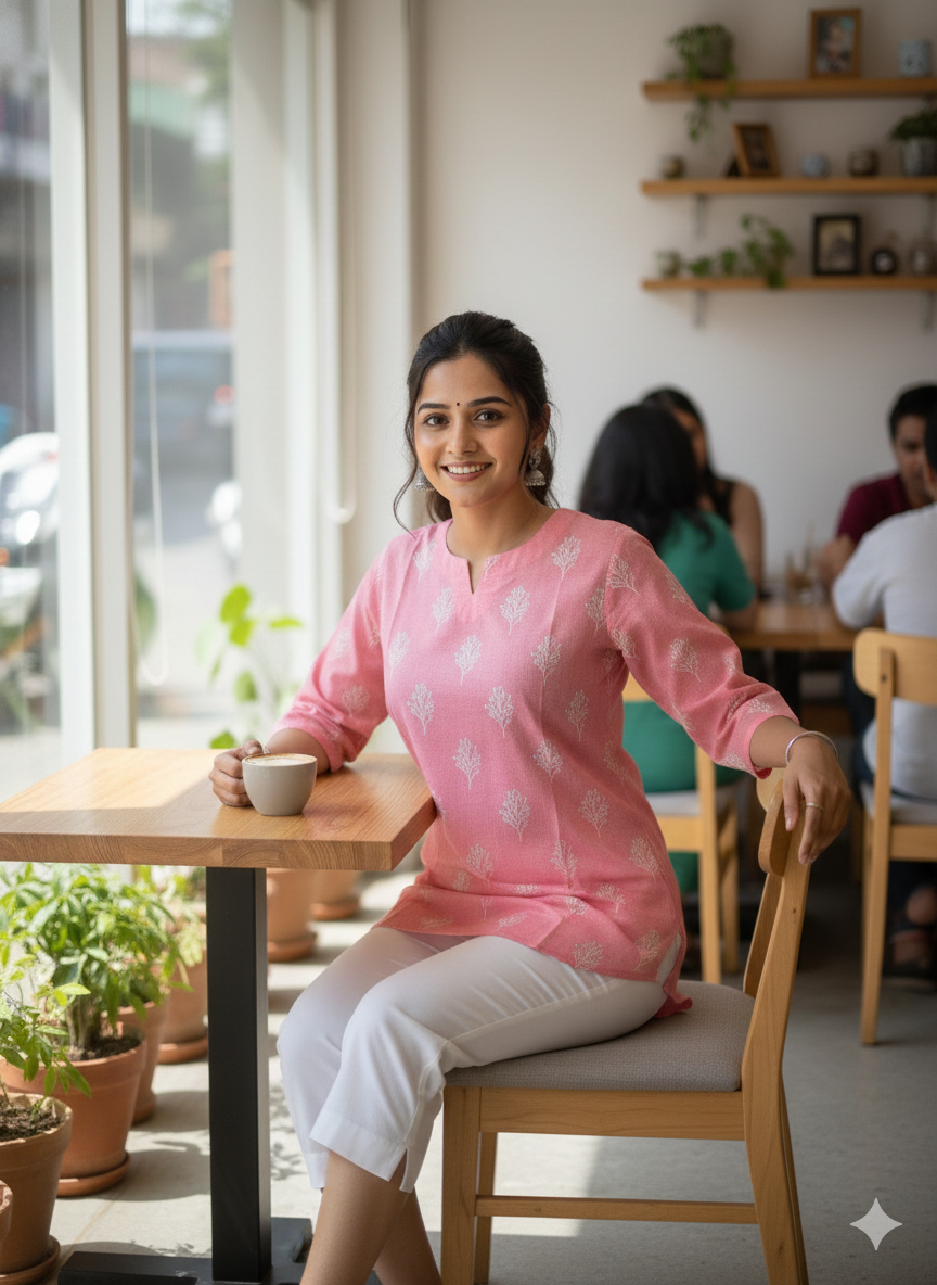 Pink floral printed short kurti