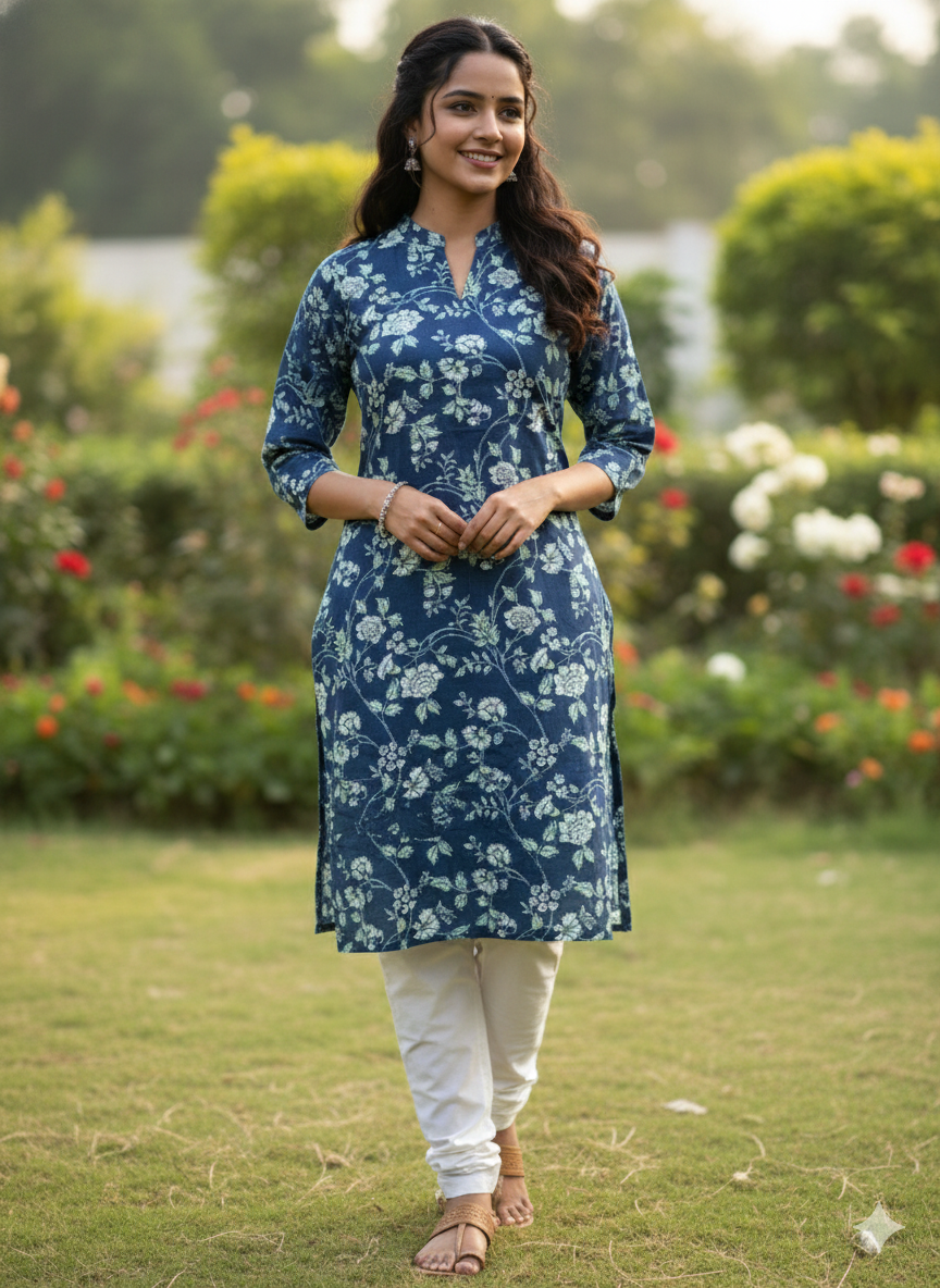 Blue cotton floral printed short kurti