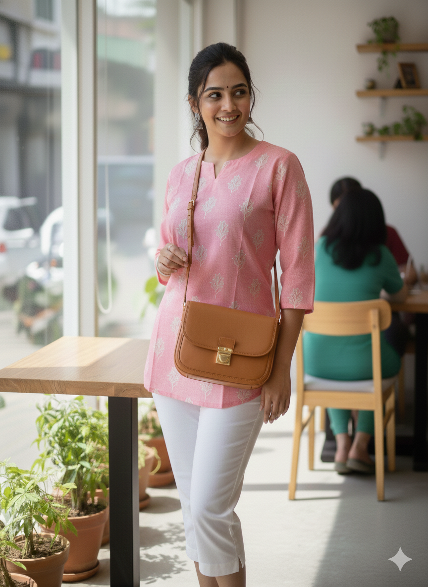 Pink floral printed short kurti