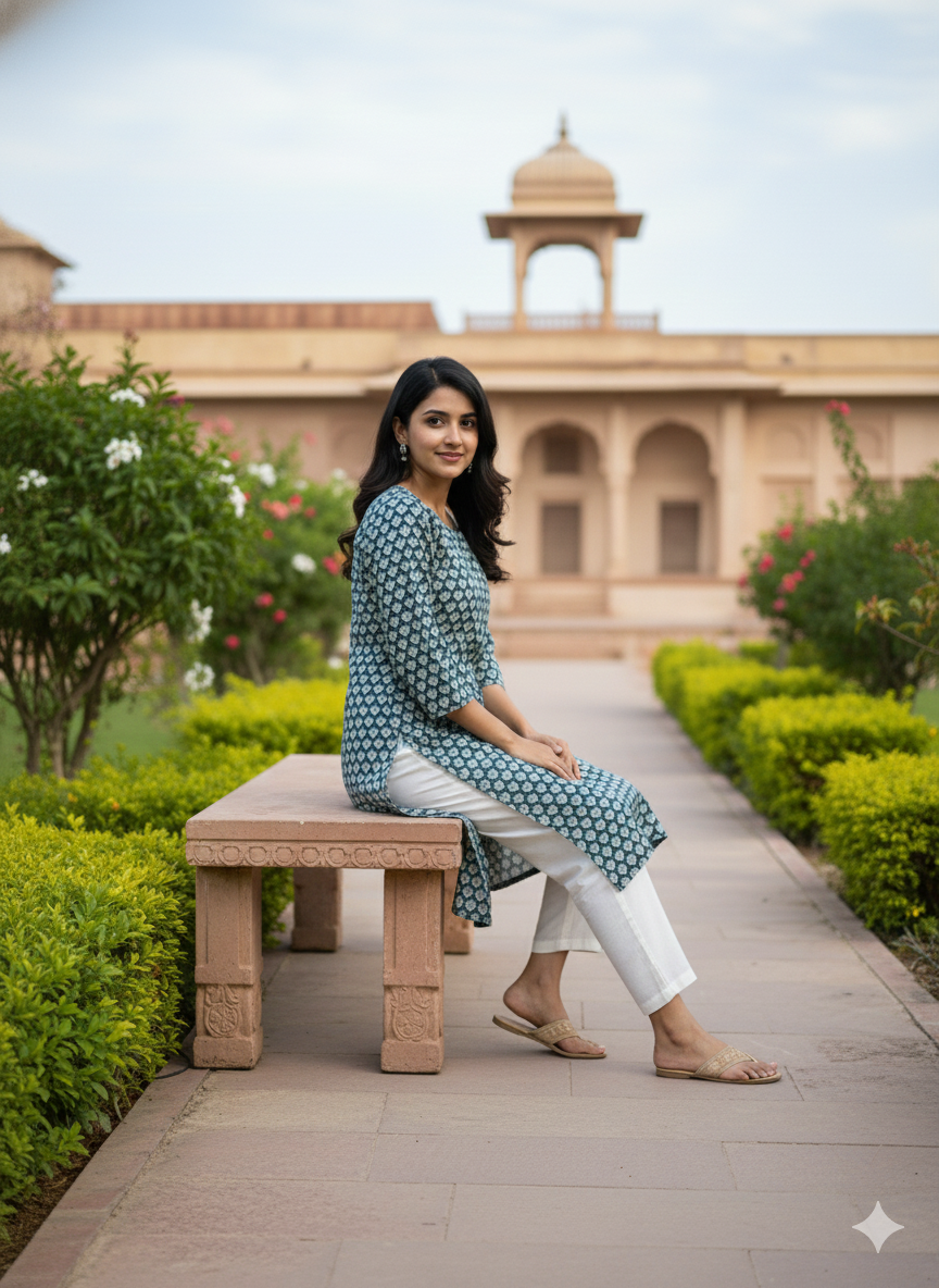 Blue printed cotton kurti