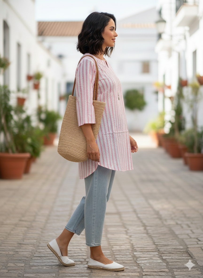 Pink printed cotton short kurti