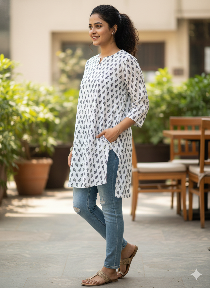 Black printed white short kurti