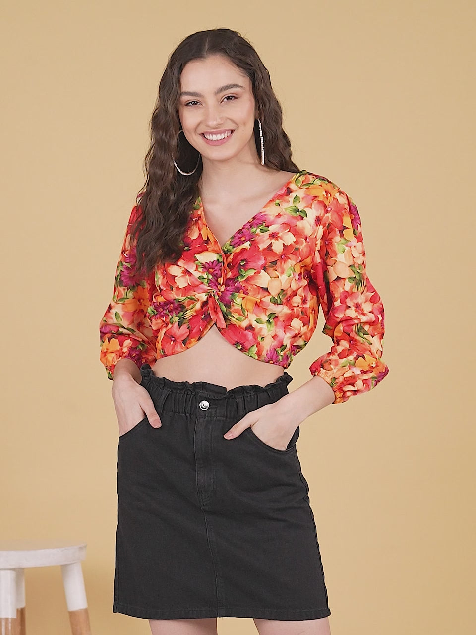 Orange Color Printed Front Knot Stylish Crop Top