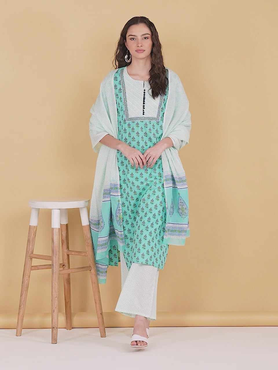 Women SeaGreen Printed Pure Cotton Kurta with Palazzos & With Dupatta