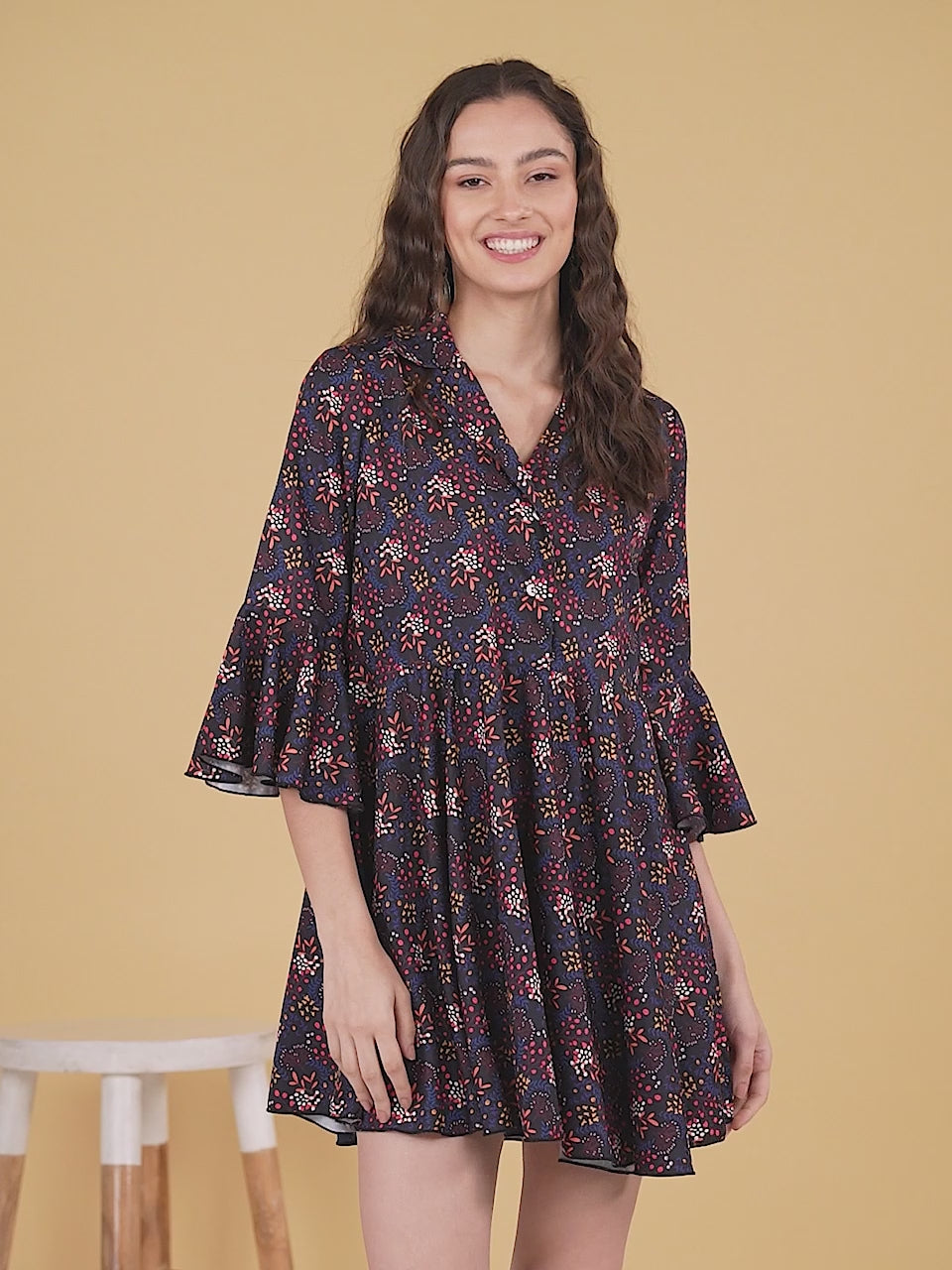 Blue Floral Printed Bell Sleeve Top