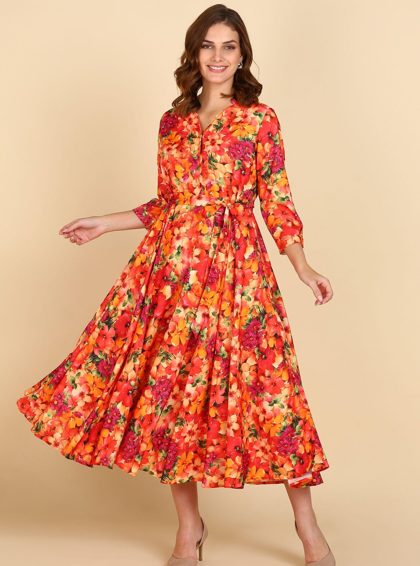 Orange Floral Printed Flared Dress - Znxclothing