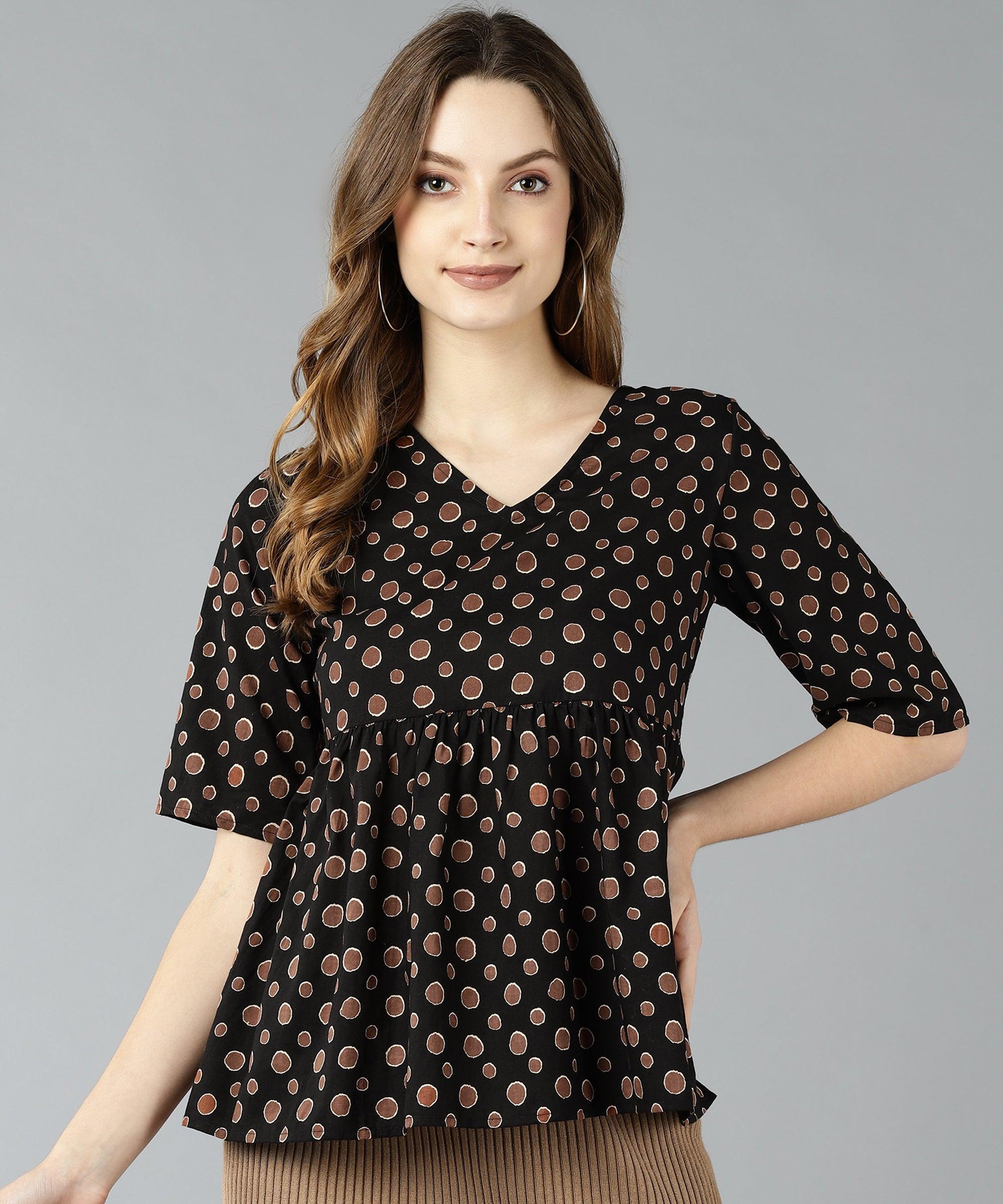 ZNX Women Brown Polka Printed Black Top - Znxclothing
