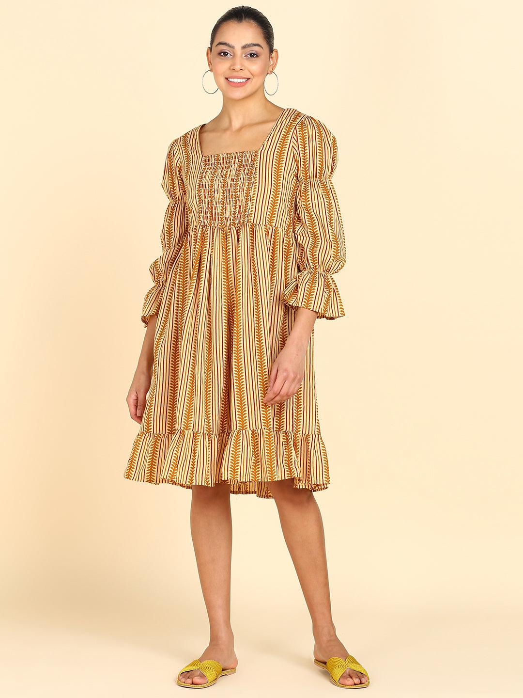 Brown Leaf Strip Printed Smocked Yellow Dress - Znxclothing