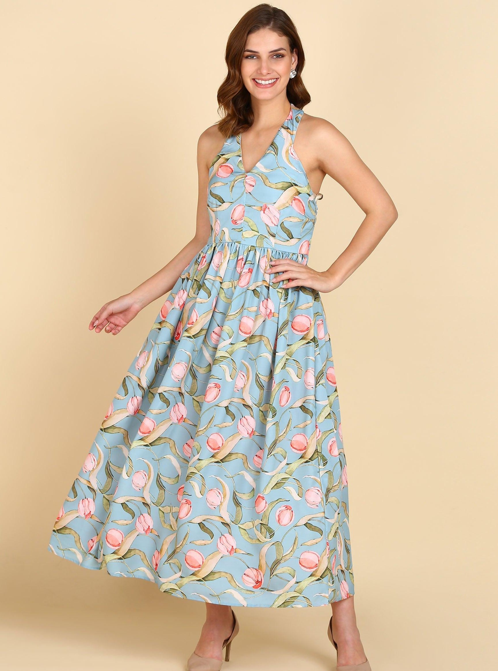 Floral Printed Sea Green Halter Neck Dress - Znxclothing