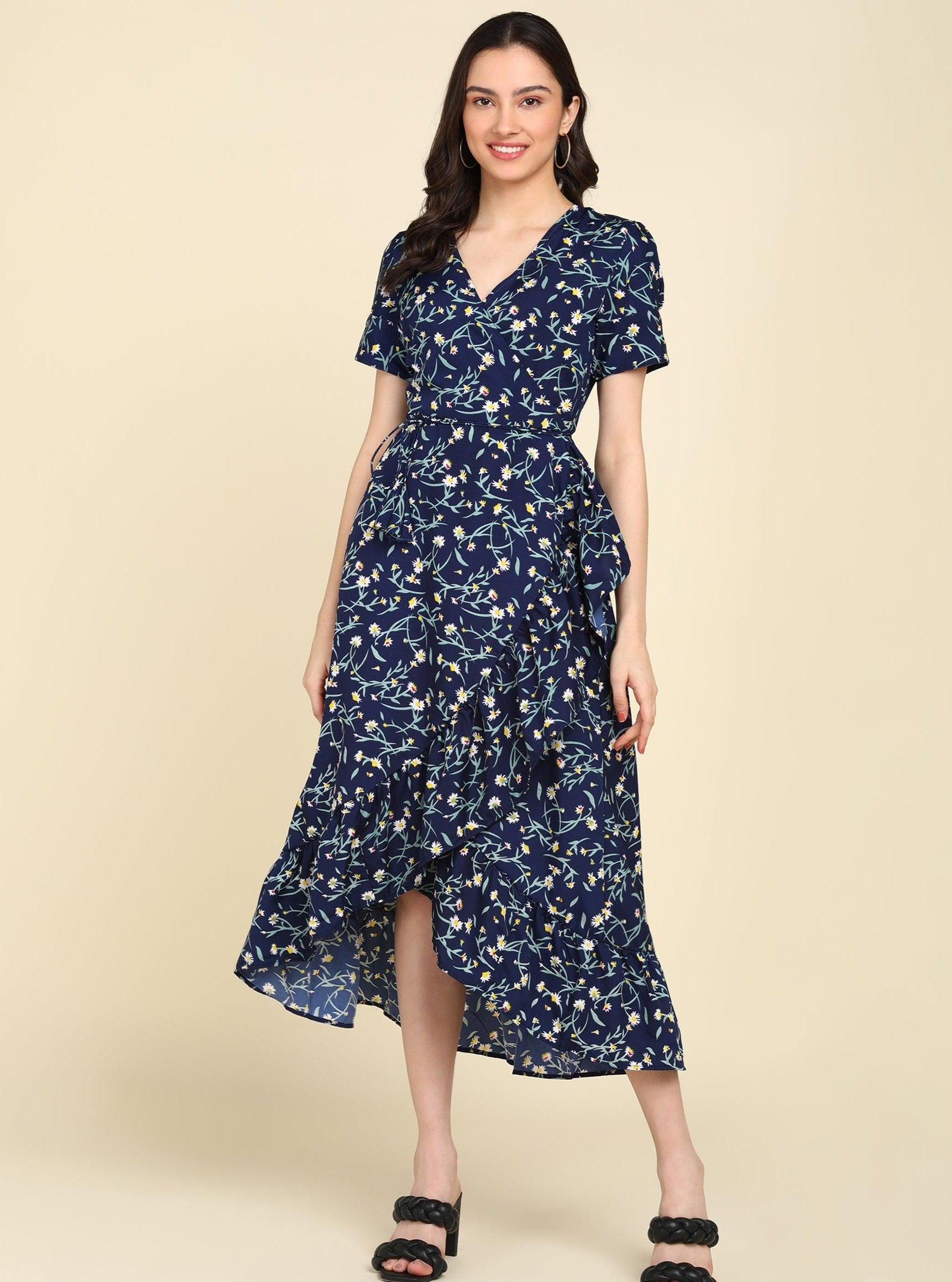 Blue Floral Printed Frill Dress - Znxclothing