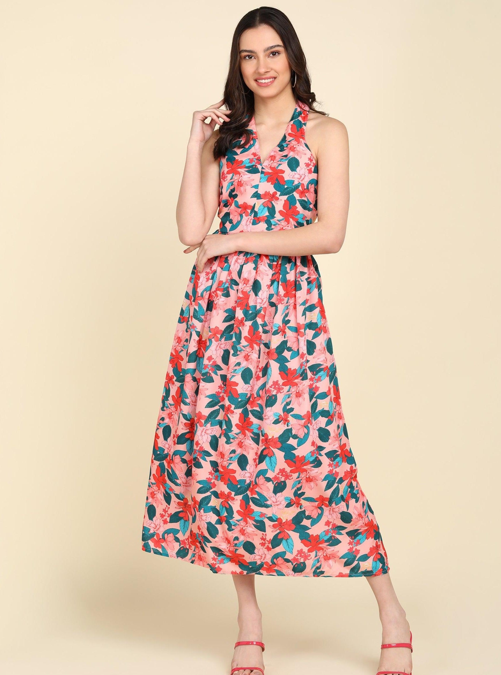 Red & Green Floral Printed Halter Neck Dress - Znxclothing