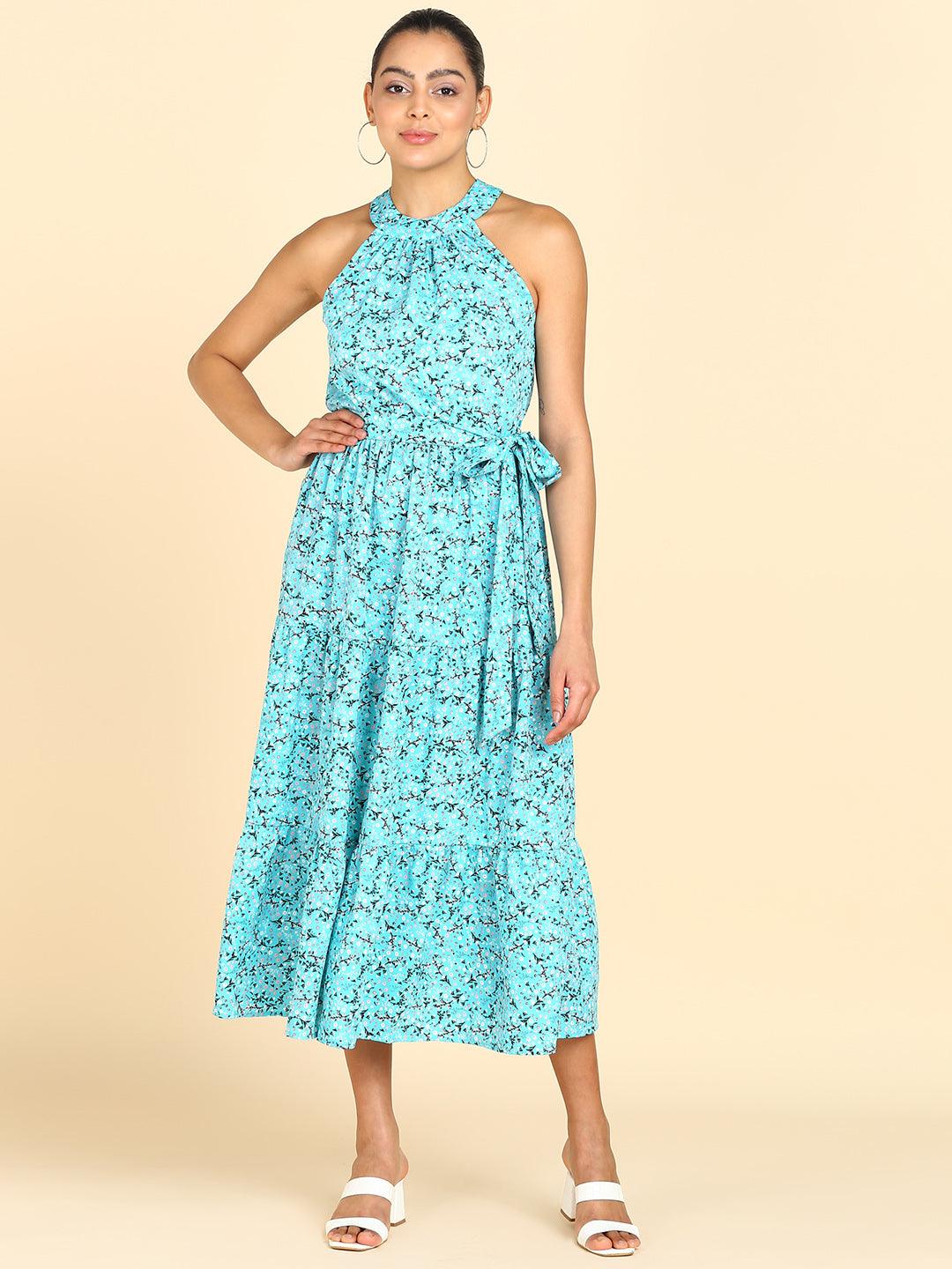 Floral Printed Tiered Sea Blue Dress - Znxclothing