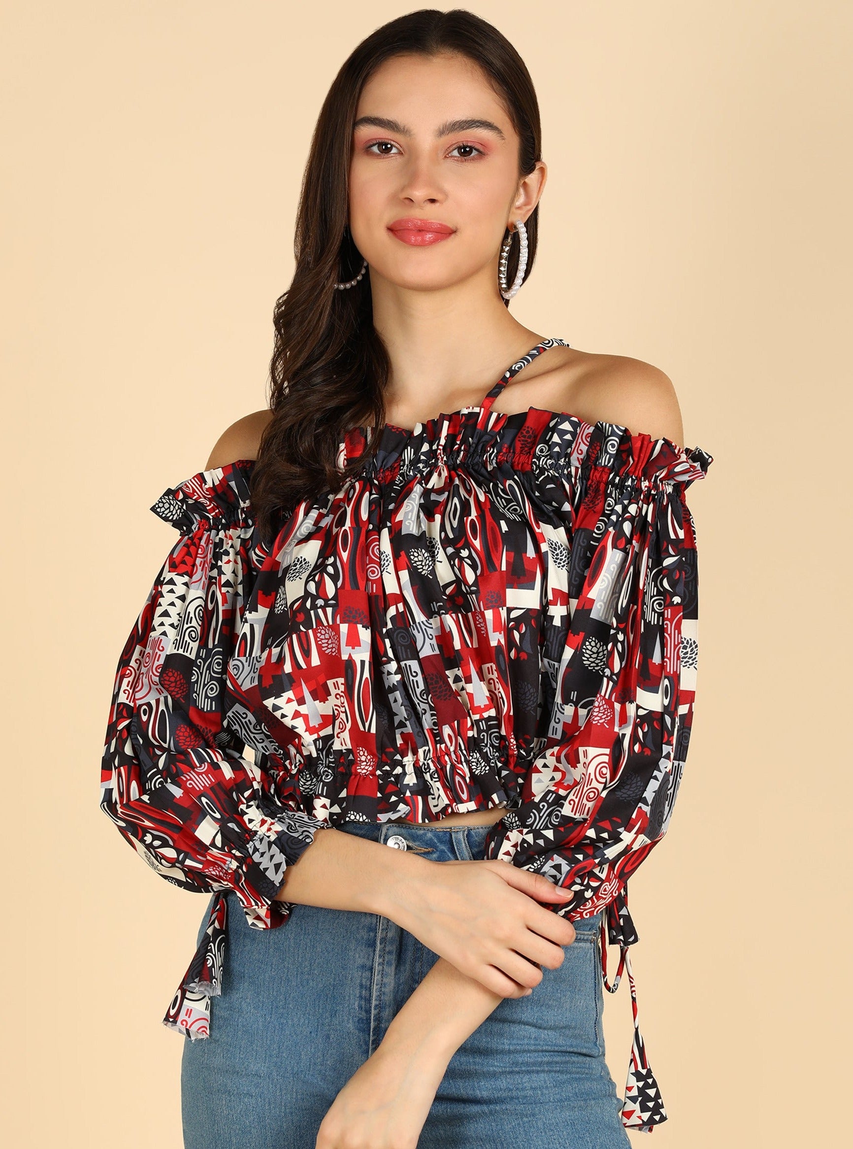 Black & Red Printed Off Shoulder Top
