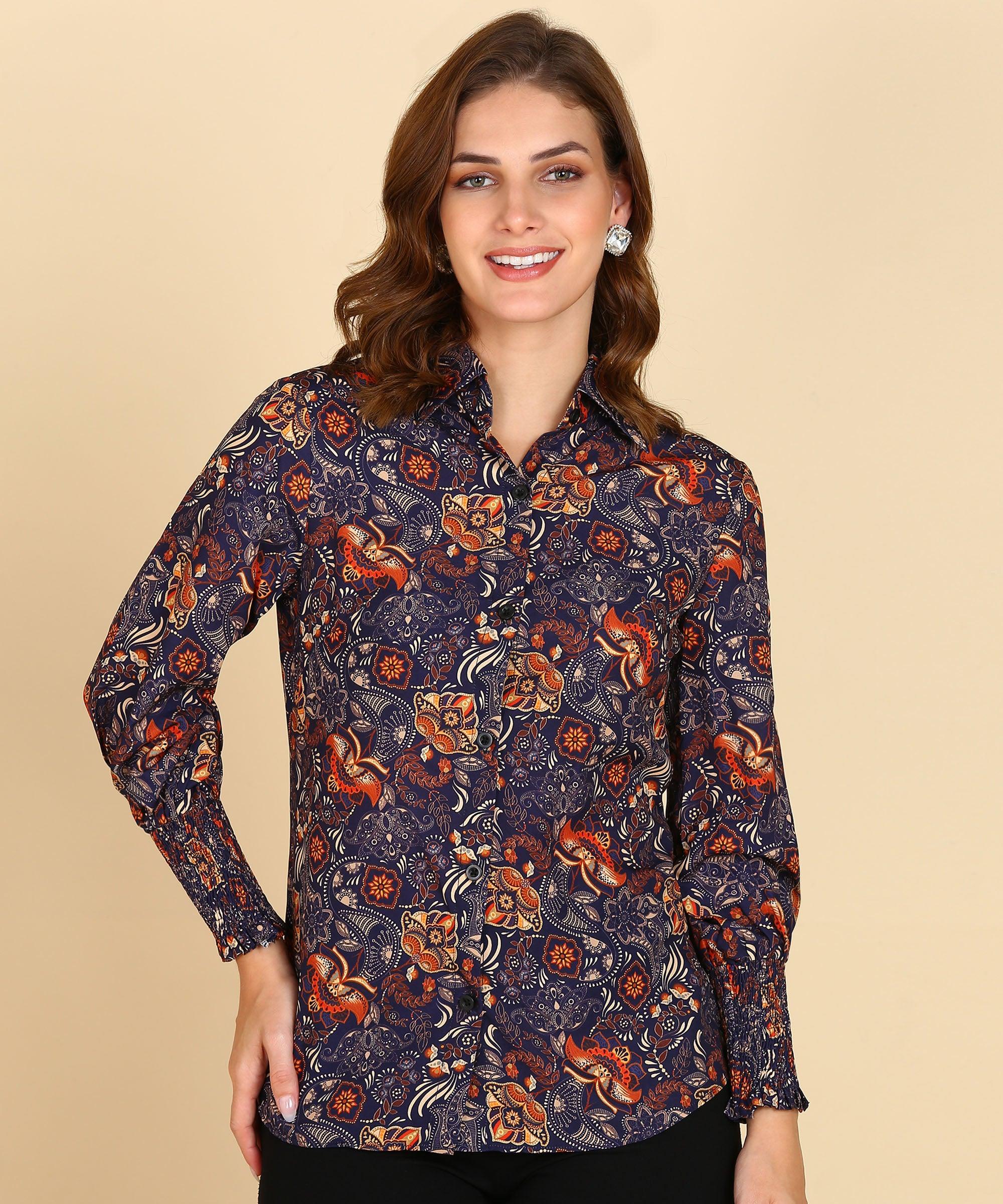 Ethnic Motifs Printed Shirt With Smocked Sleeve - Znxclothing