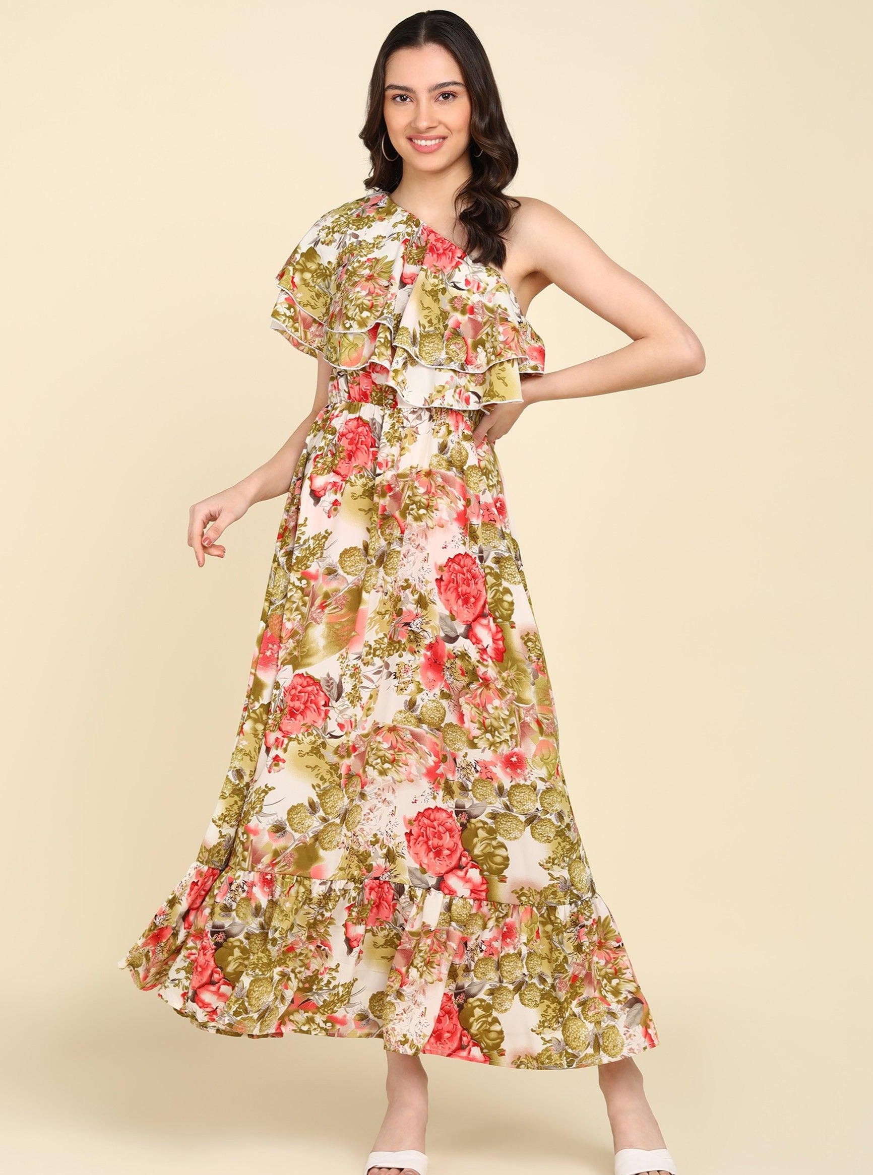 Green & Red Floral Printed Frill Dress - Znxclothing