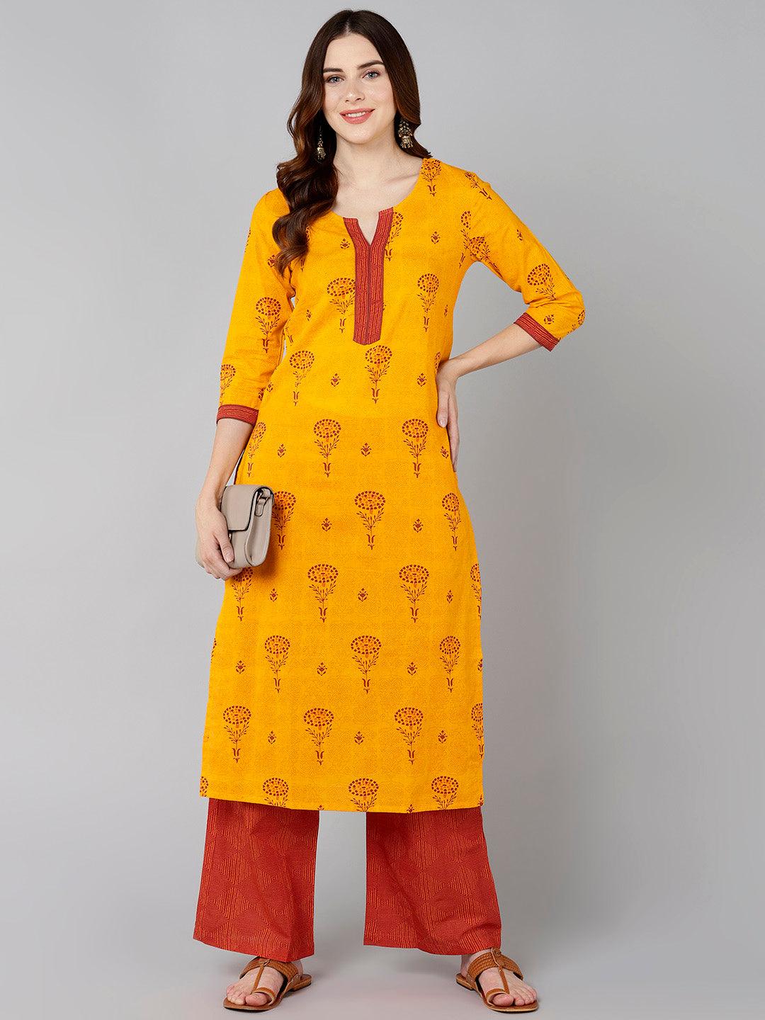 Red Floral Printed Yellow Kurta With Palazzo - Znxclothing