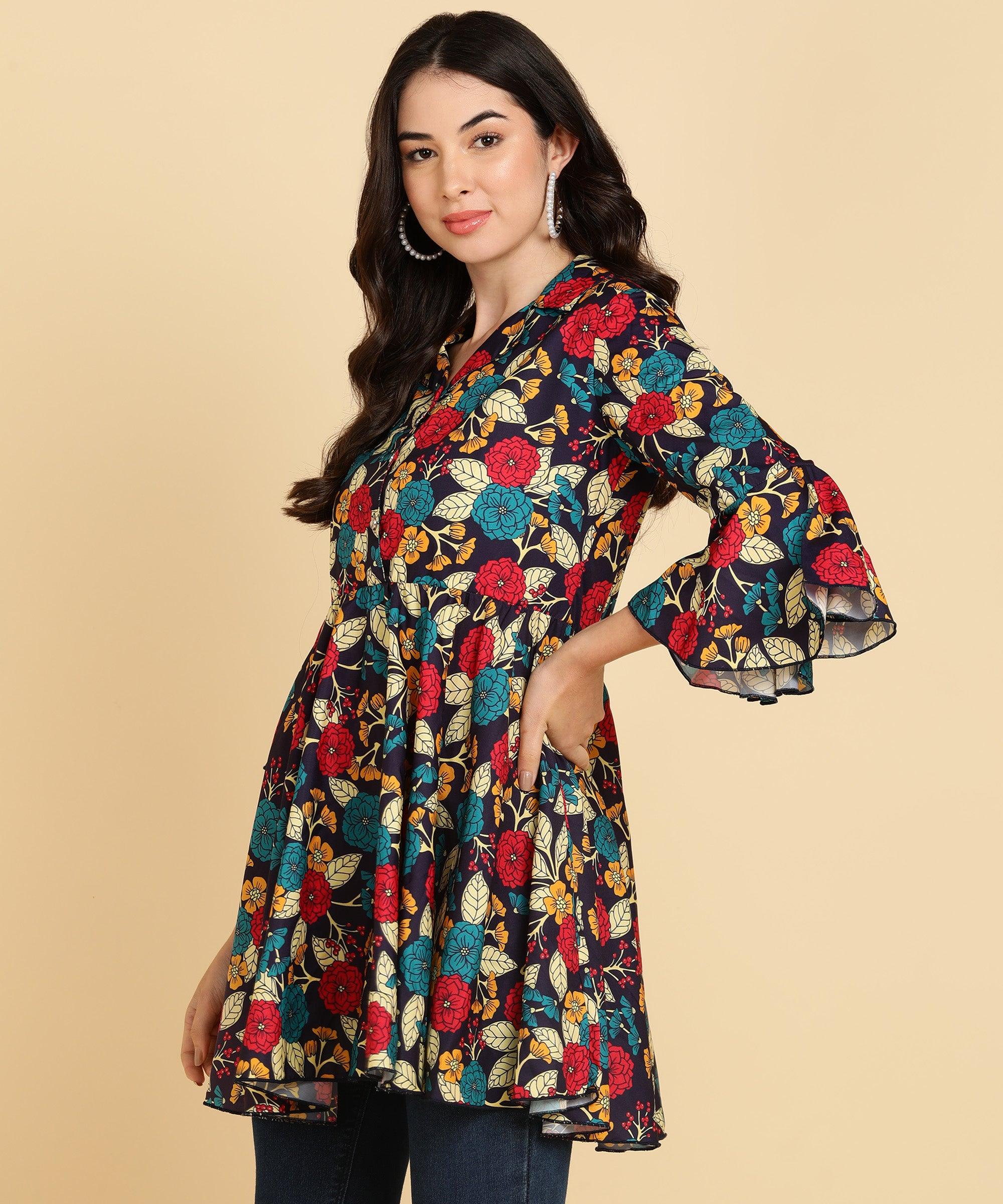 Multicolor Floral Printed Long Top - Znxclothing