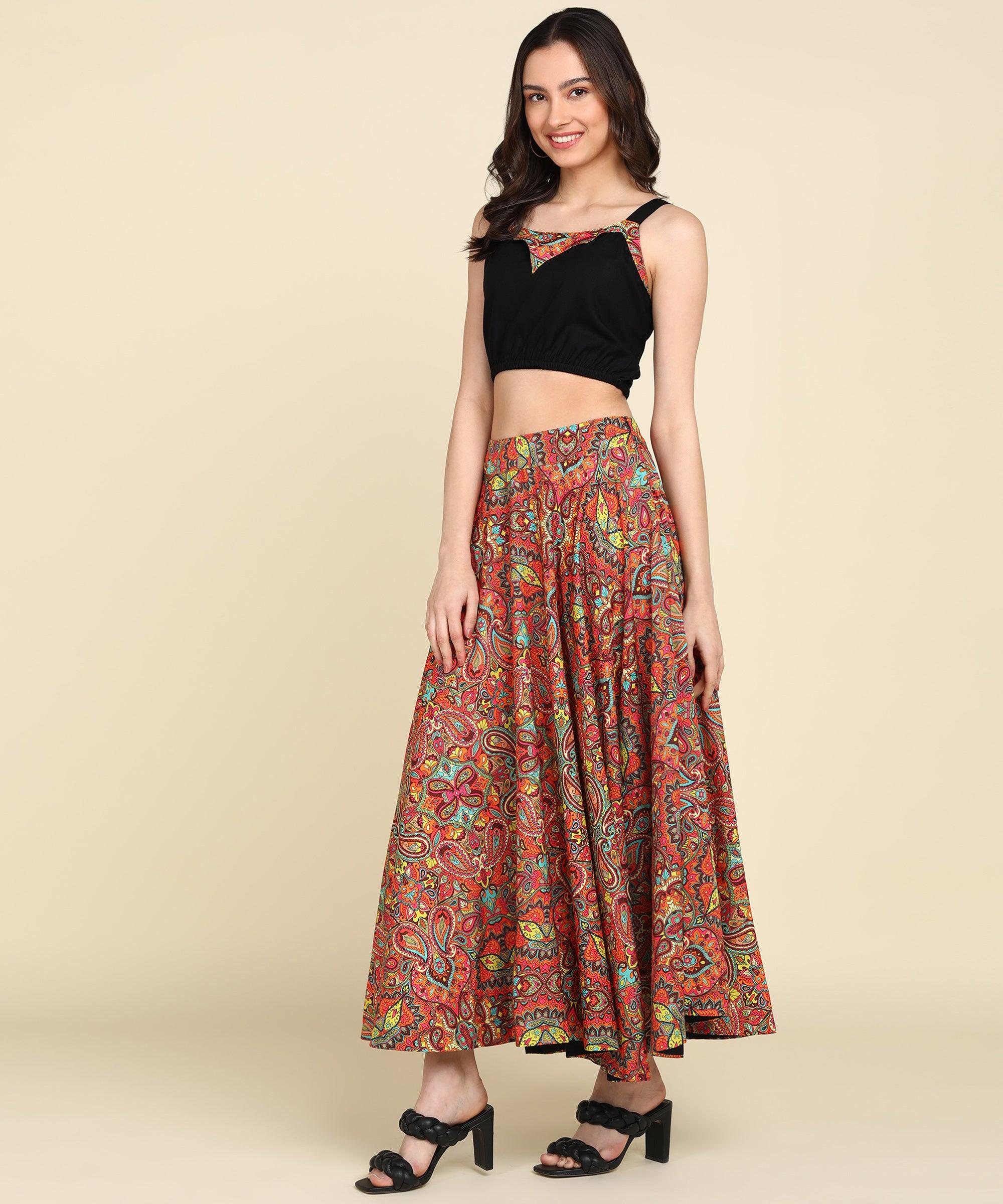Orange Ethnic Printed Skirt With Front Detailing Black Sleeveless Crop top - Znxclothing