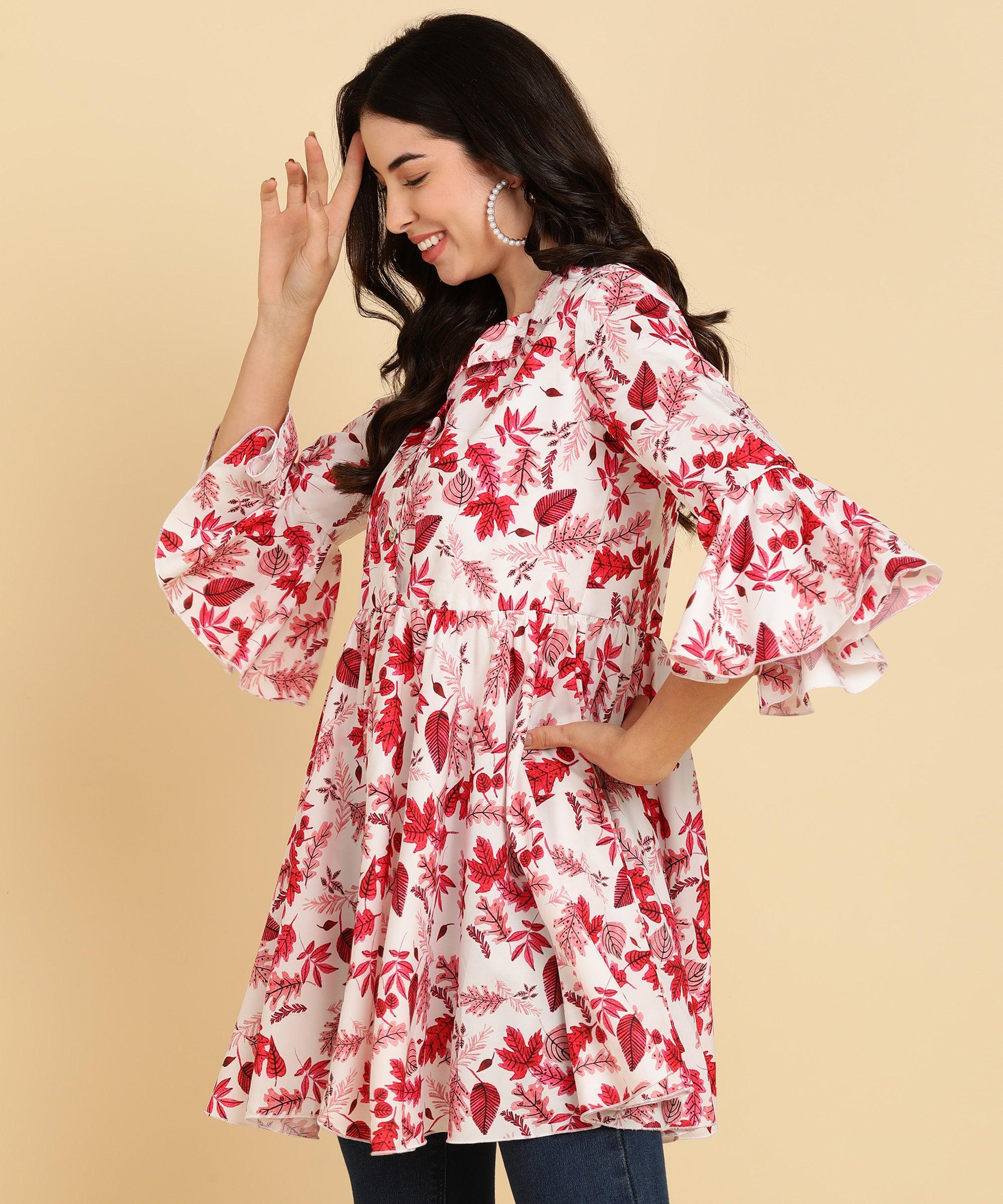 Pink Tropical Printed White Long Top - Znxclothing