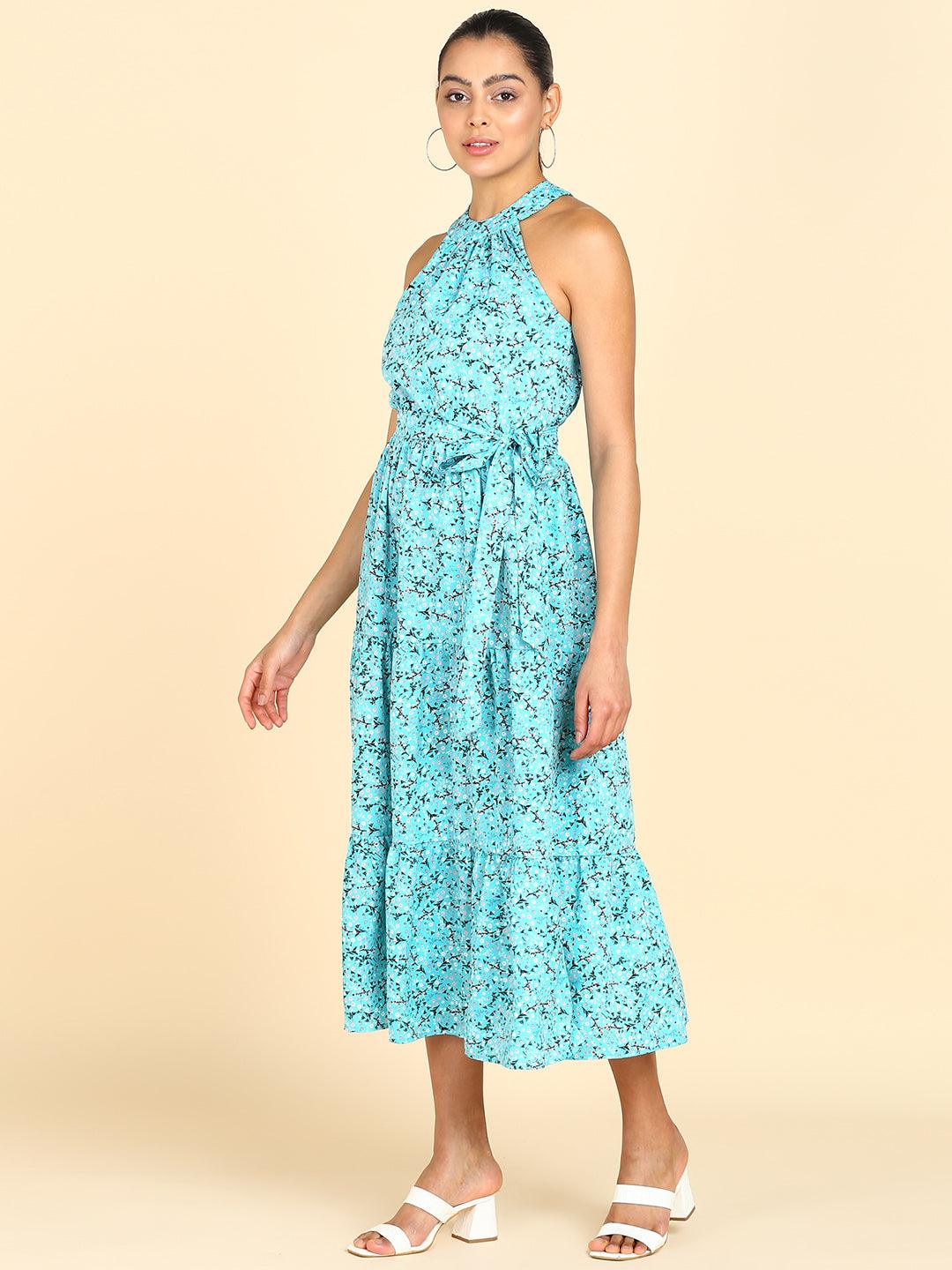 Floral Printed Tiered Sea Blue Dress - Znxclothing