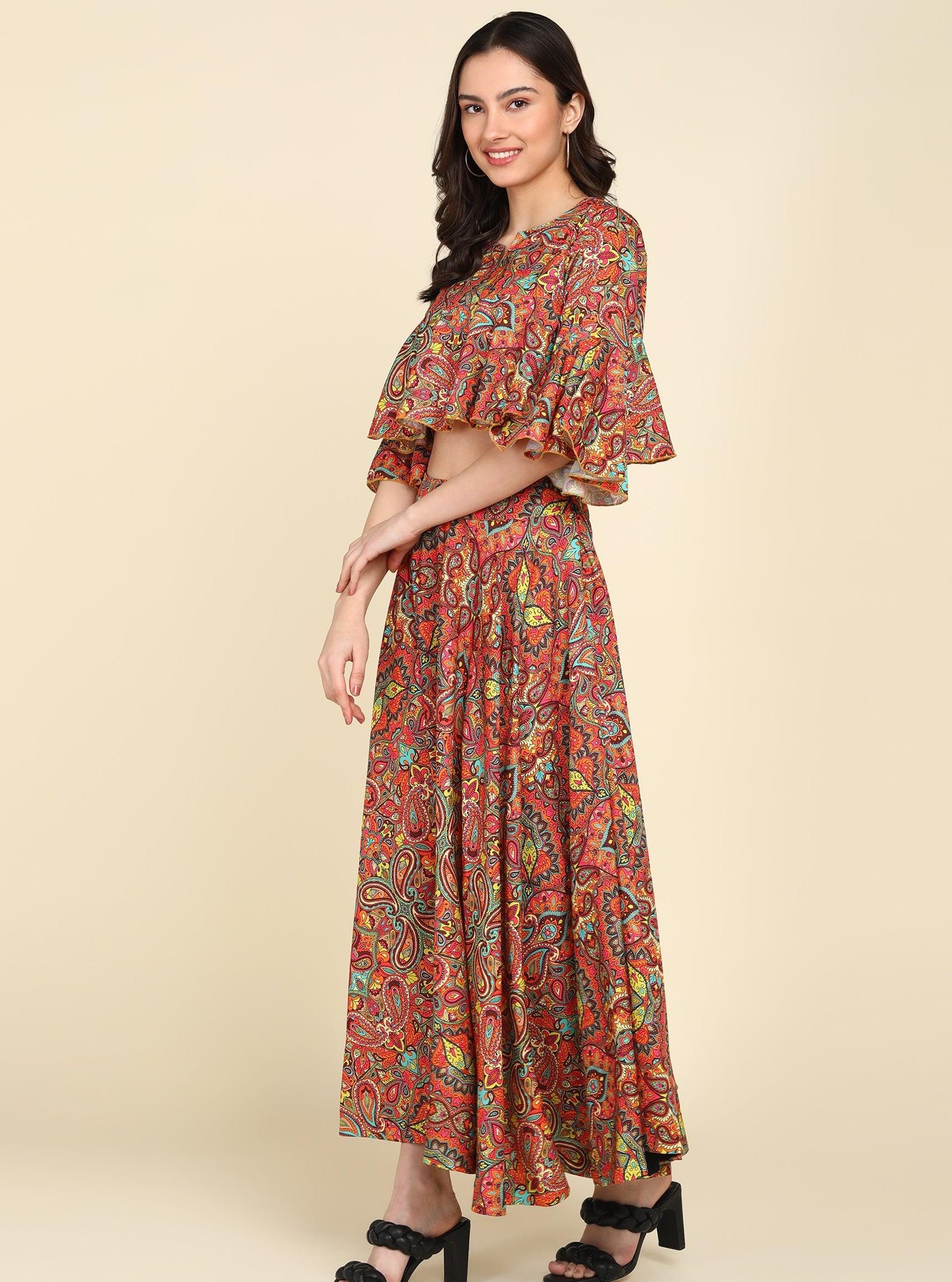 Mutlicolor Printed Skirt With Bell Sleeve Crop top - Znxclothing