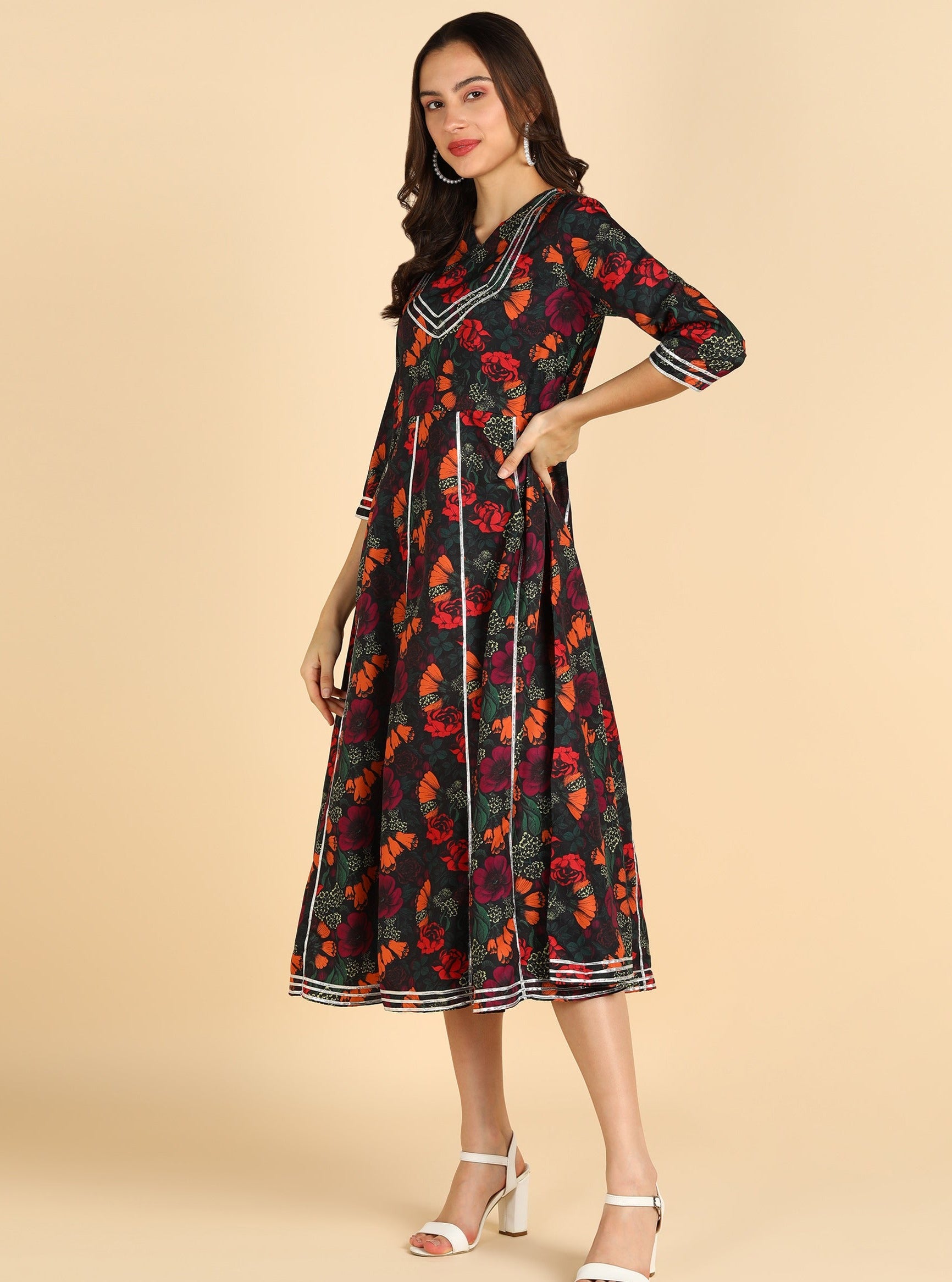 Floral Printed Black Dress With Silver Lace Details