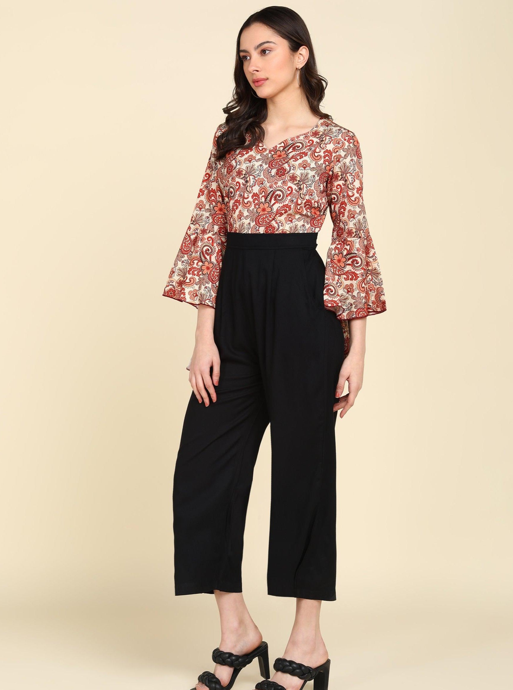Red Ethnic Modifs Printed Cream & Black Jumpsuit - Znxclothing